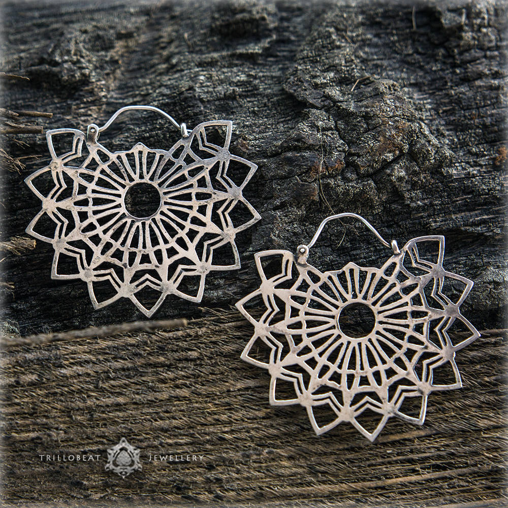 Sterling Silver Mandala Earrings | Sacred Geometry Tribal Hoop Earrings | Boho Jewelry | Statement Earrings | Evil Eye Protection Earrings