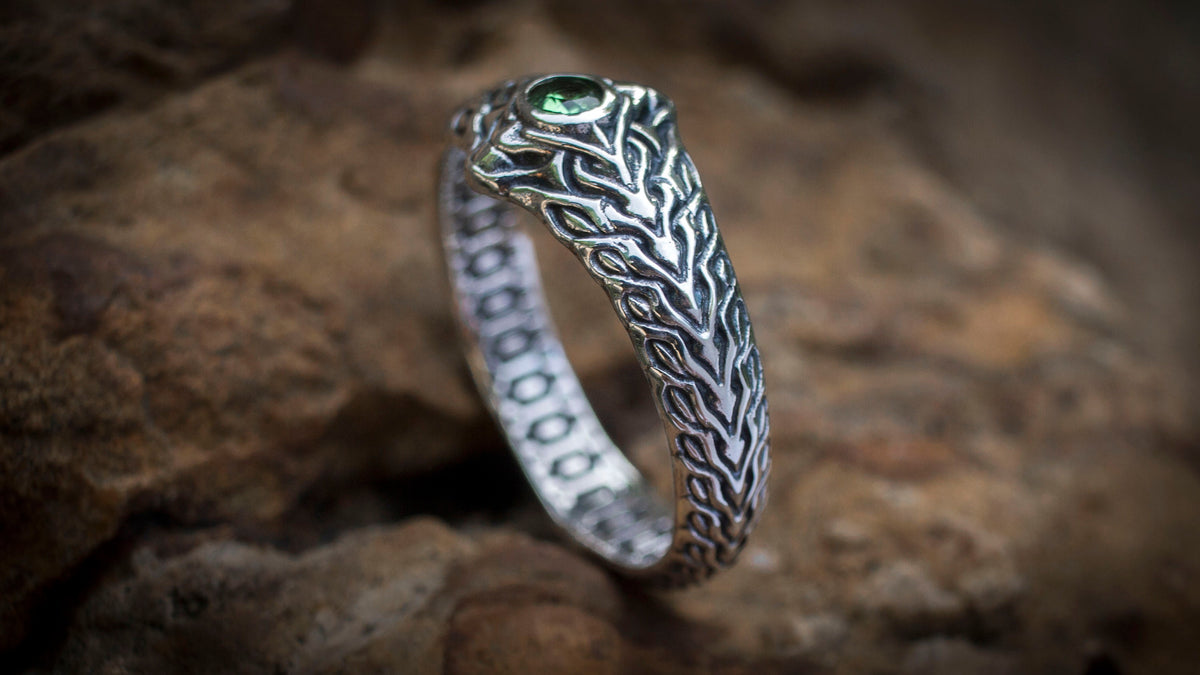 Alternative silver engagement ring photographed from front angle