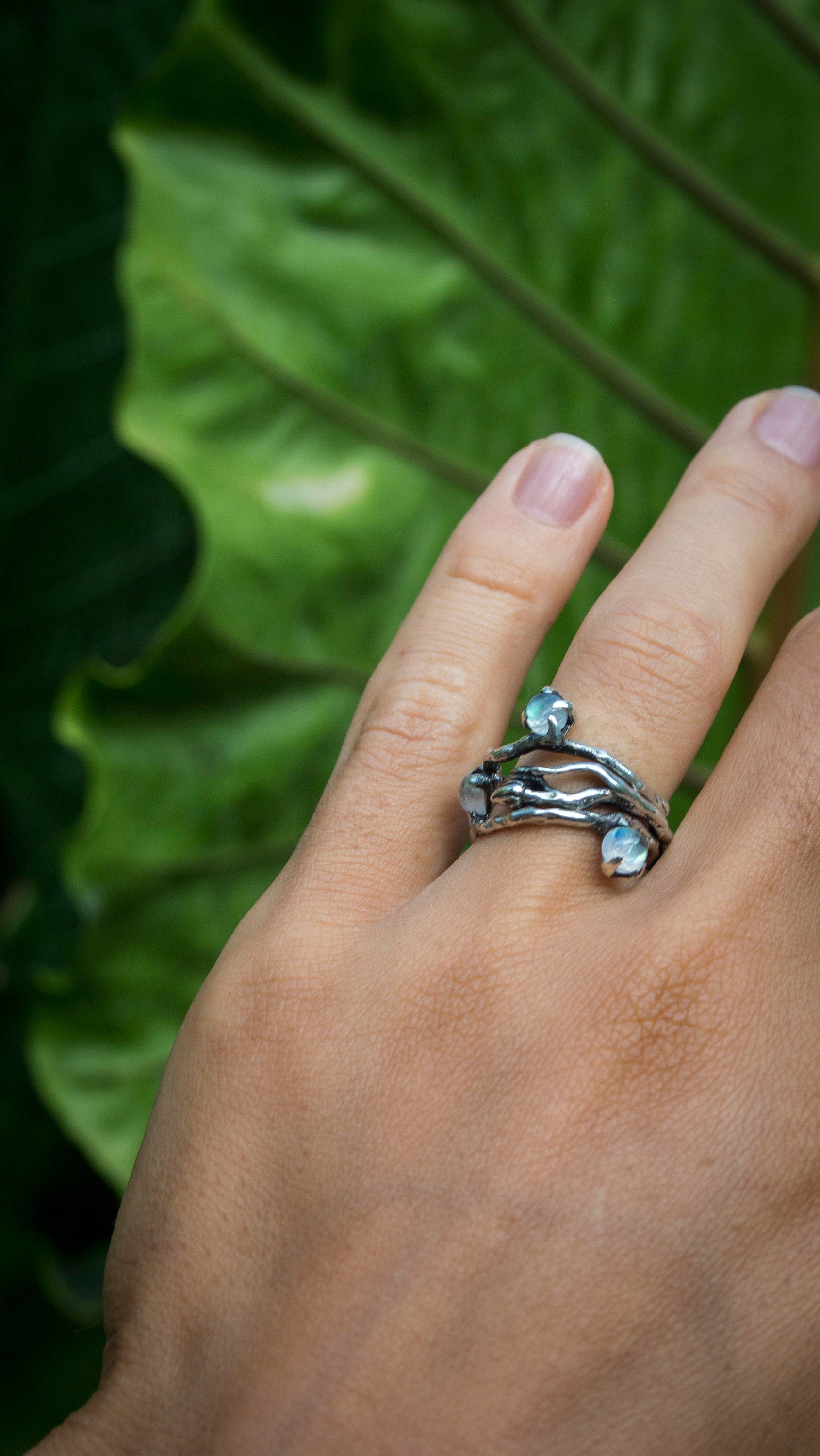 Moonstone Twig Ring | Whimsical Elven Engagement Band | Mystical Fairy Branch Jewelry | Sterling Silver Nature Inspired