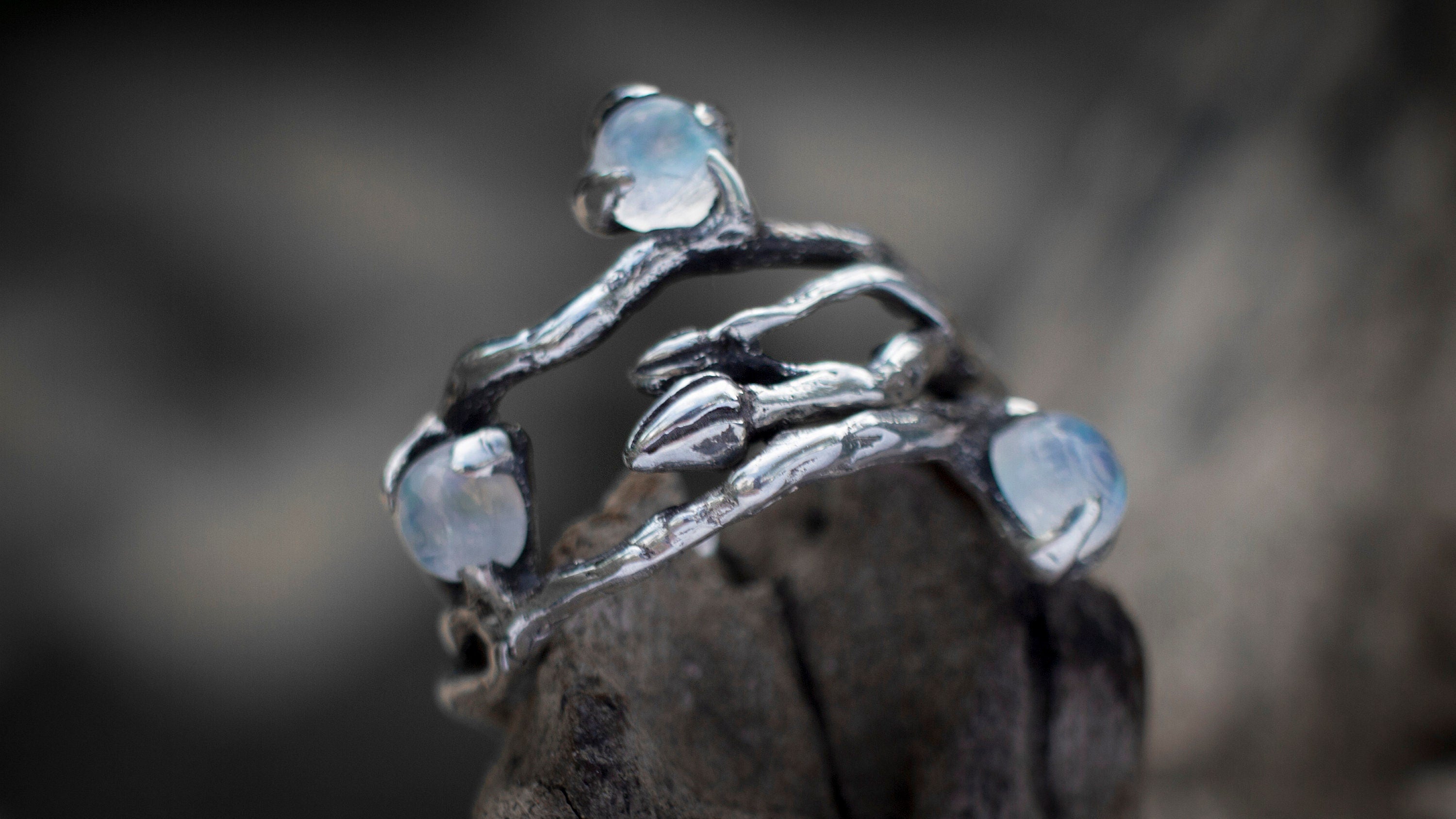 Moonstone Twig Ring | Whimsical Elven Engagement Band | Mystical Fairy Branch Jewelry | Sterling Silver Nature Inspired