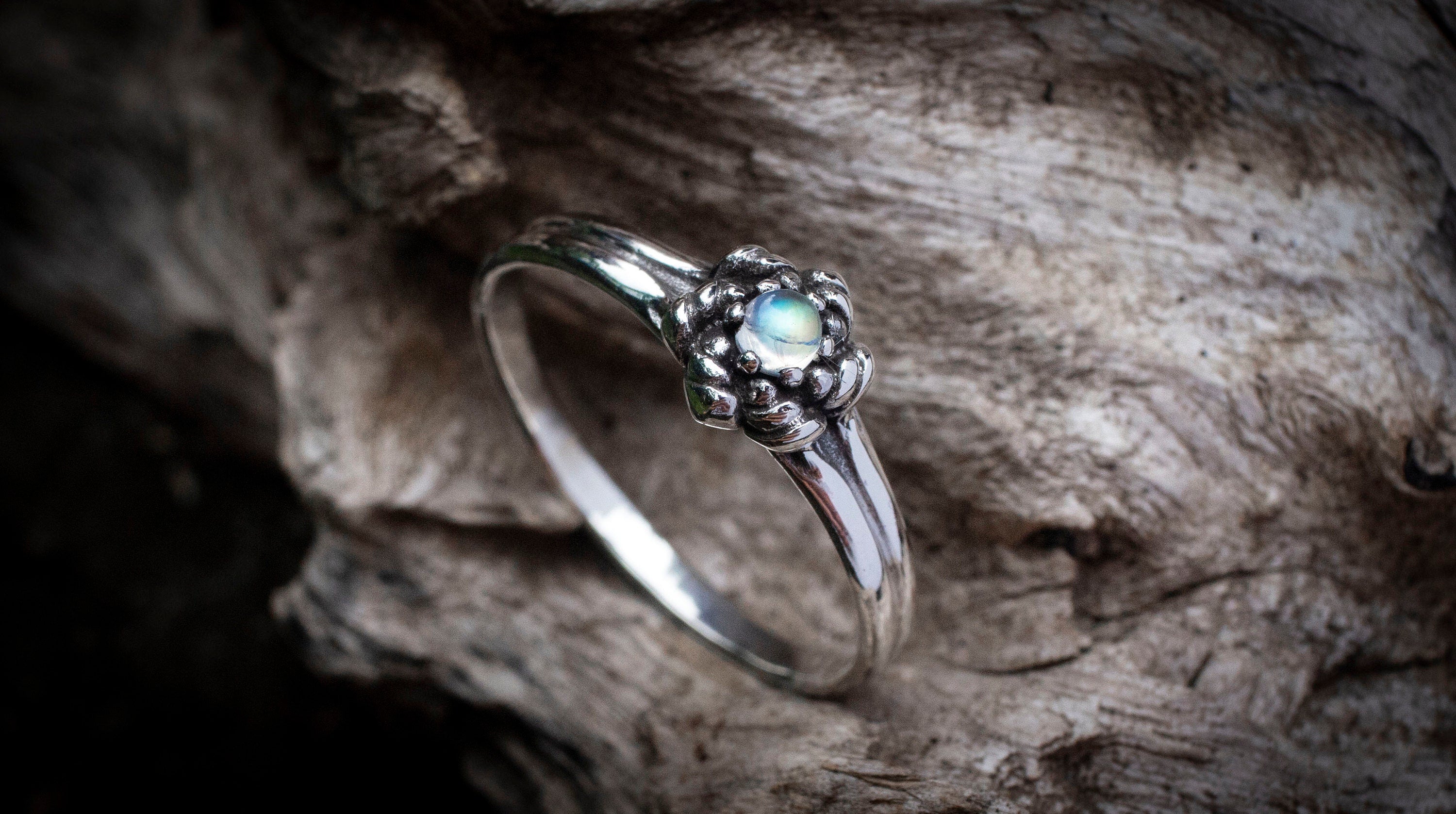 Rainbow Moonstone Ring | Moon Stone Ring | Silver Flower Ring | Moonstone Engagement Ring | Flower Engagement Ring