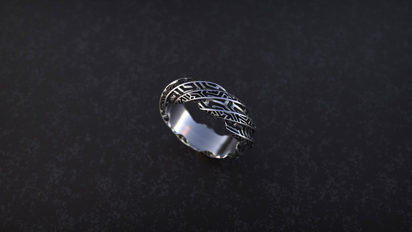 Side view of handmade futuristic silver ring