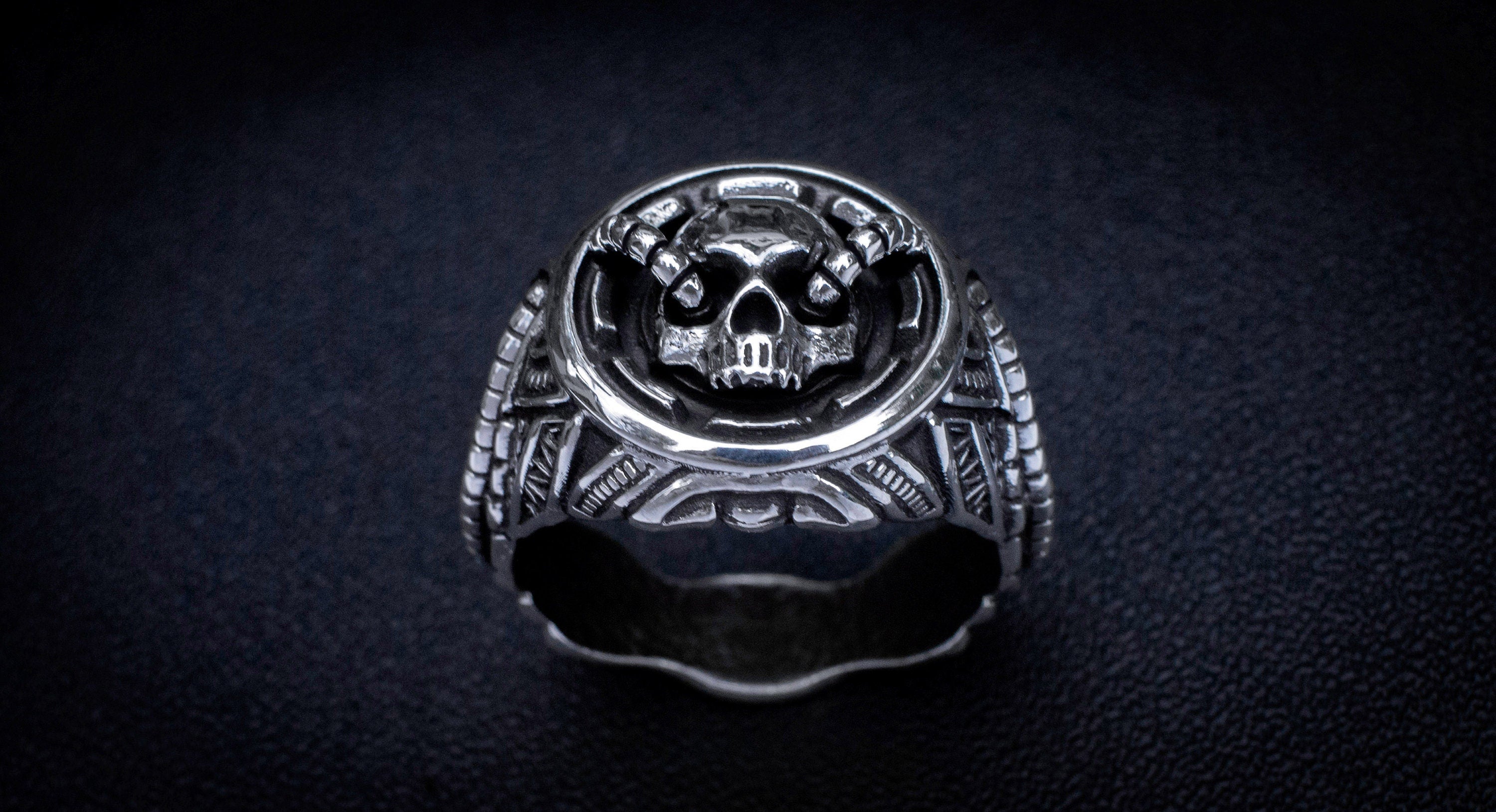 Silver skull jewelry displayed on dark background