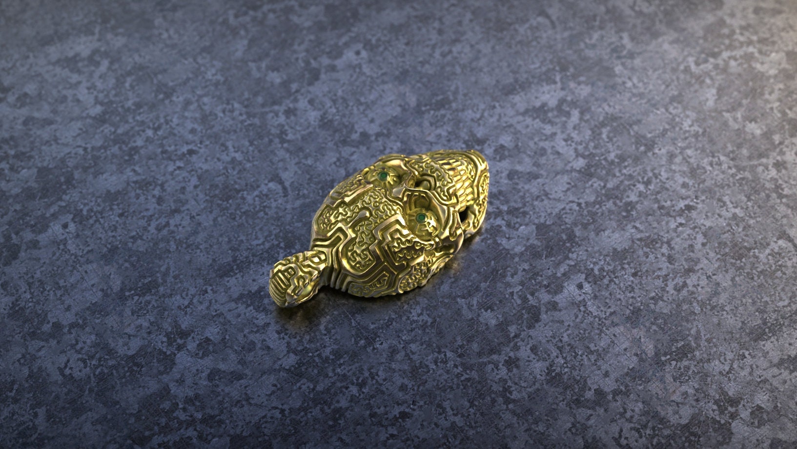 Handmade gold skull necklace displayed on dark background