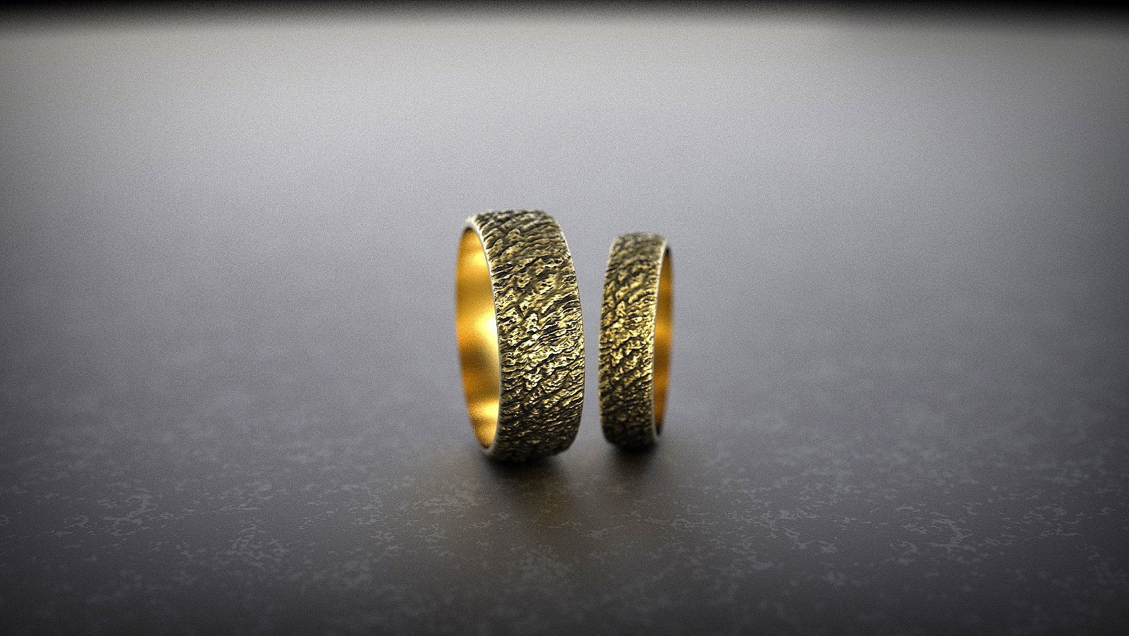 Rustic Wedding Band Set | Yellow gold wedding bands | Rustic gold ring | Tree wedding ring | Textured ring | Unique wedding band