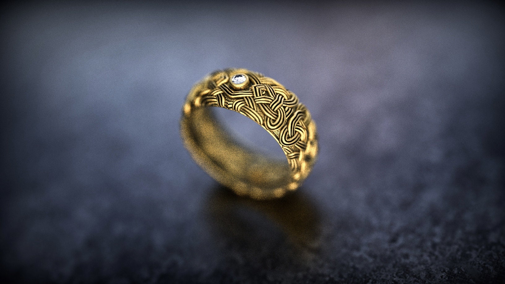 Gold Celtic knot ring photographed from front angle