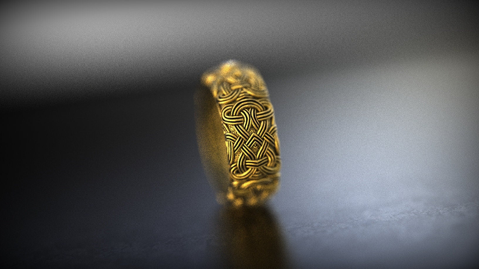14K gold knotwork ring displayed on dark background