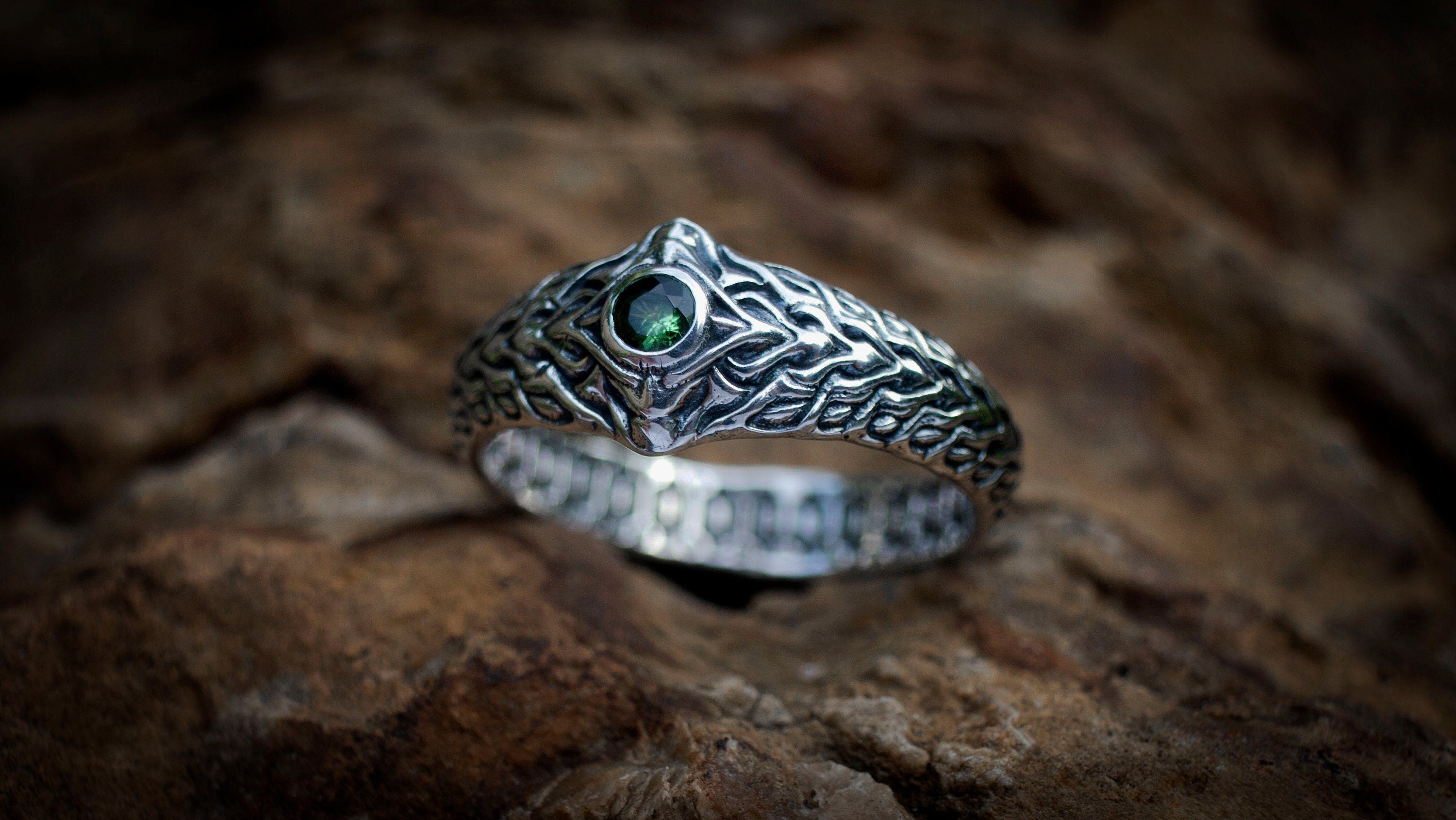Close-up of silver Vertebrae ring showing sculptural pattern
