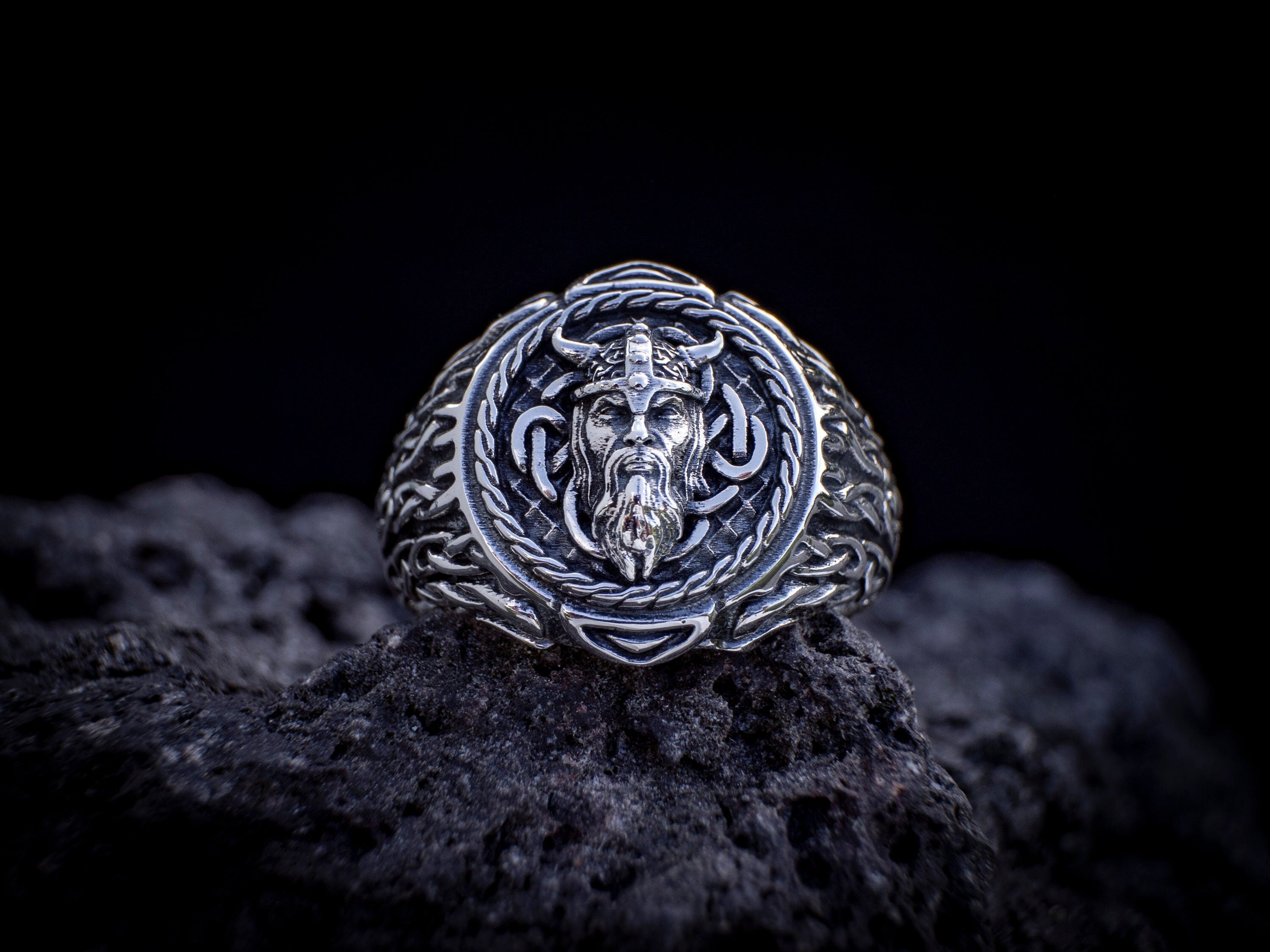 Silver Norse mythology ring photographed from front angle