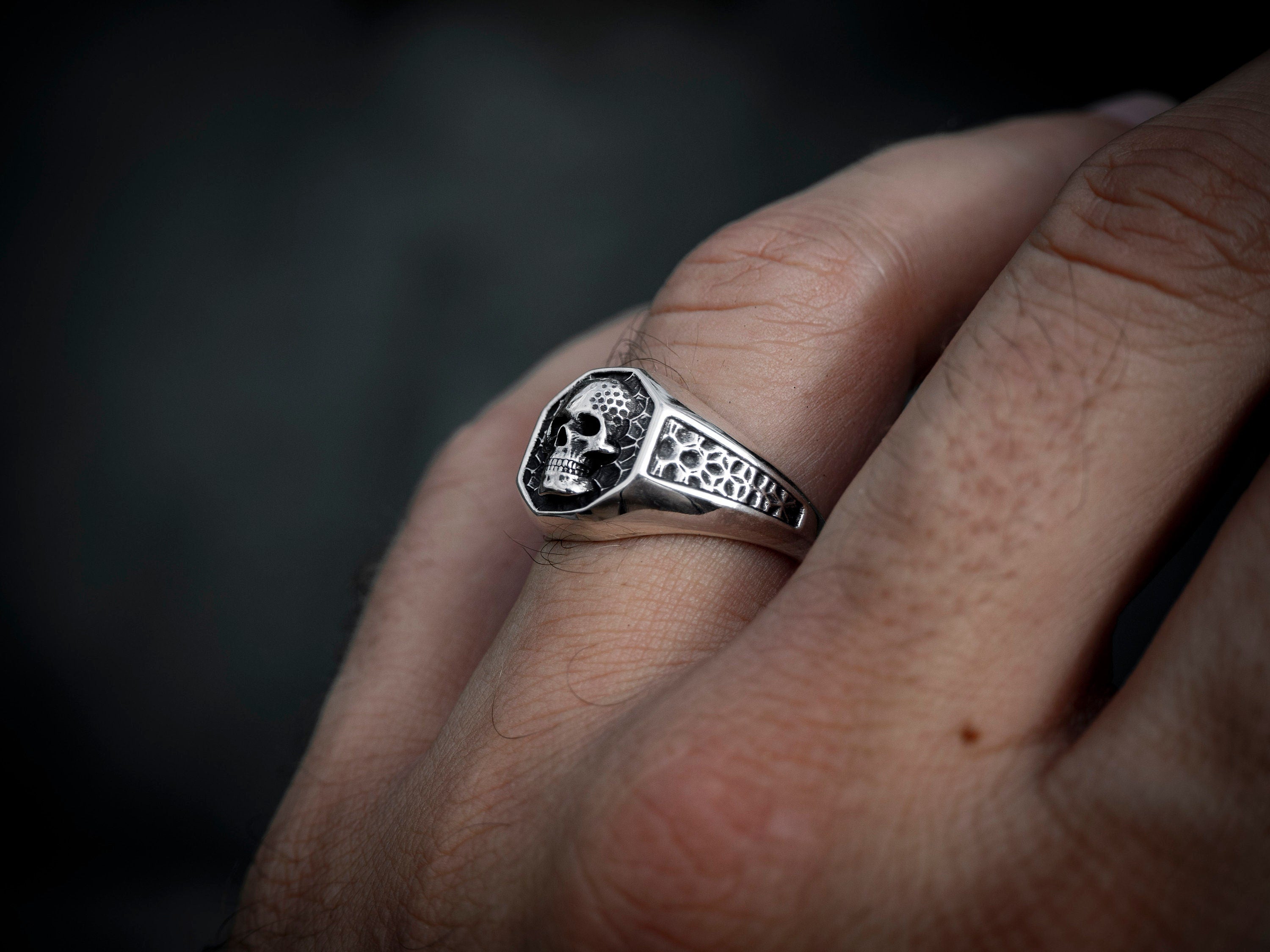 Silver Skull Signet Ring | Hexagon Skull Ring | Signet Ring Men | Unique Skull Ring | Skull Ring Silver