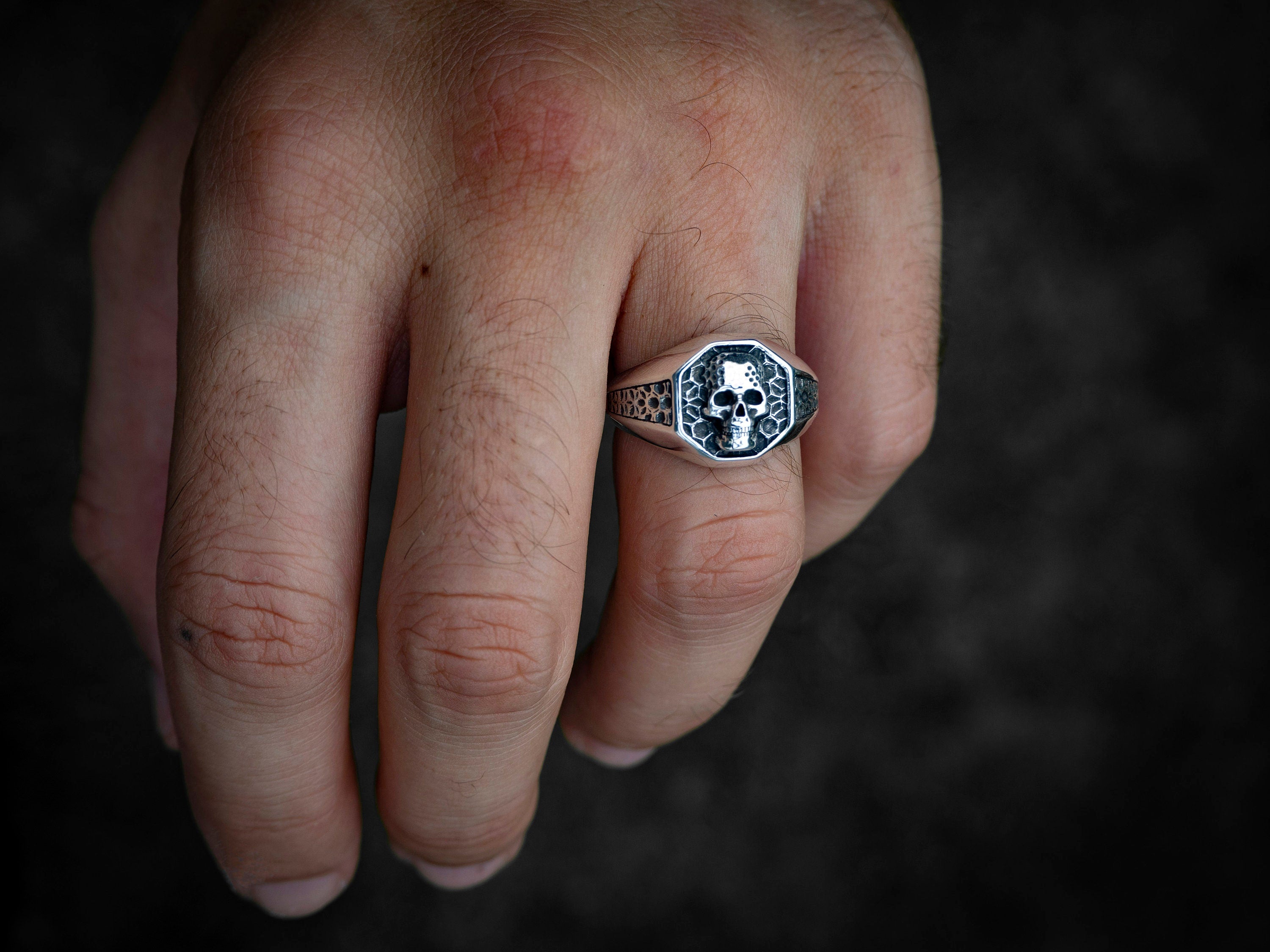 Silver Skull Signet Ring | Hexagon Skull Ring | Signet Ring Men | Unique Skull Ring | Skull Ring Silver