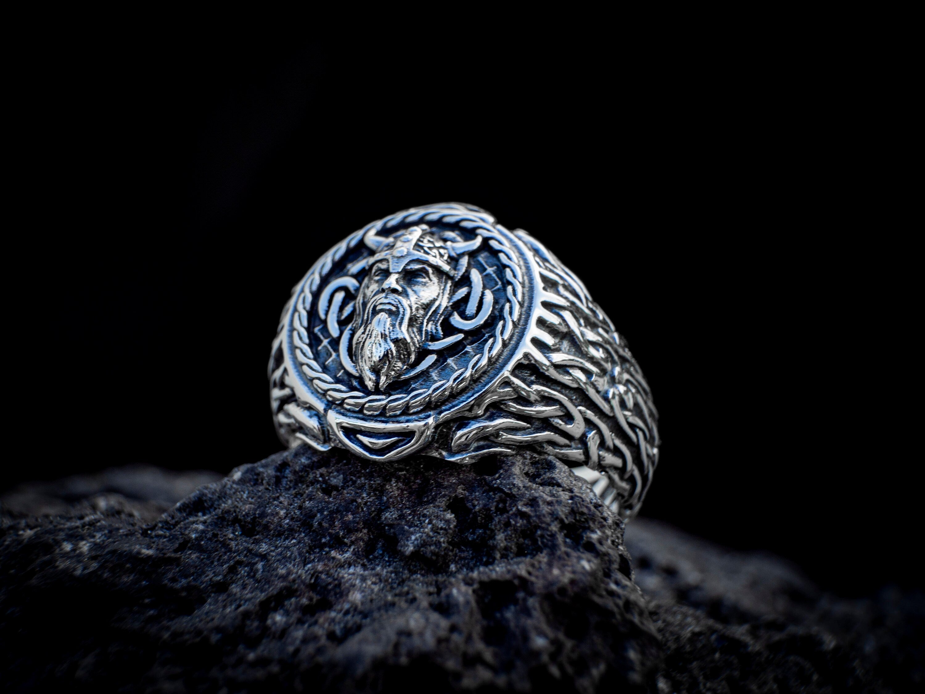 Side view of handmade Viking head ring