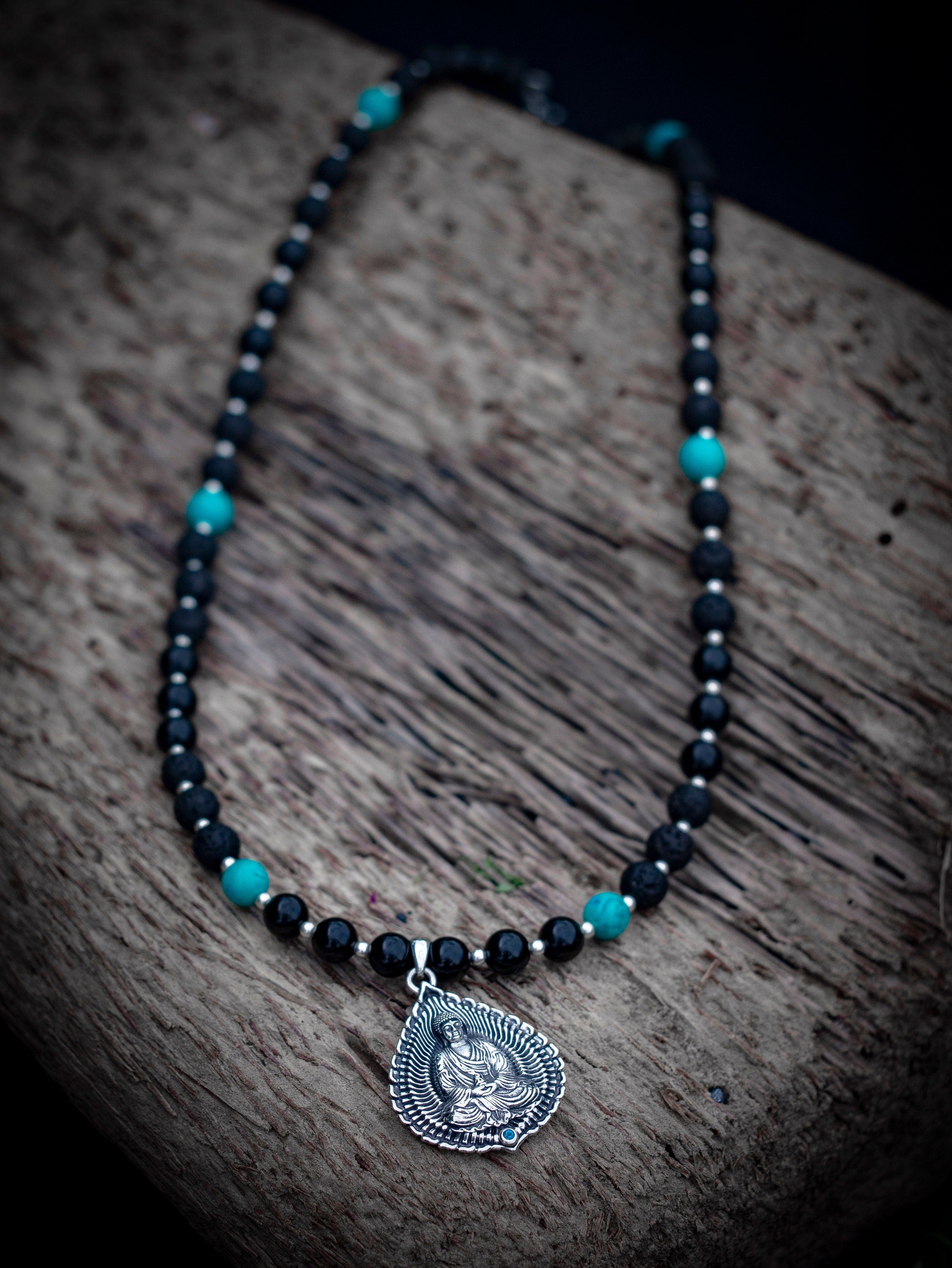 Silver Buddha Necklace | Mala Beads Necklace | Medicine Buddha Necklace | Black Mala Necklace | Buddha Mala Bead