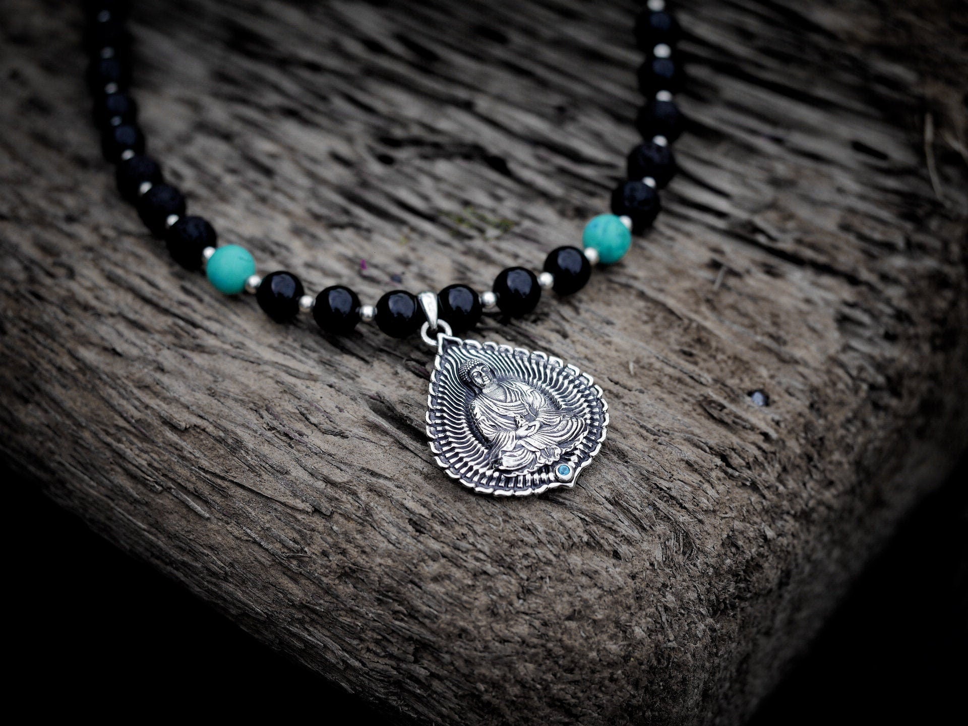 Silver Buddha Necklace | Mala Beads Necklace | Medicine Buddha Necklace | Black Mala Necklace | Buddha Mala Bead