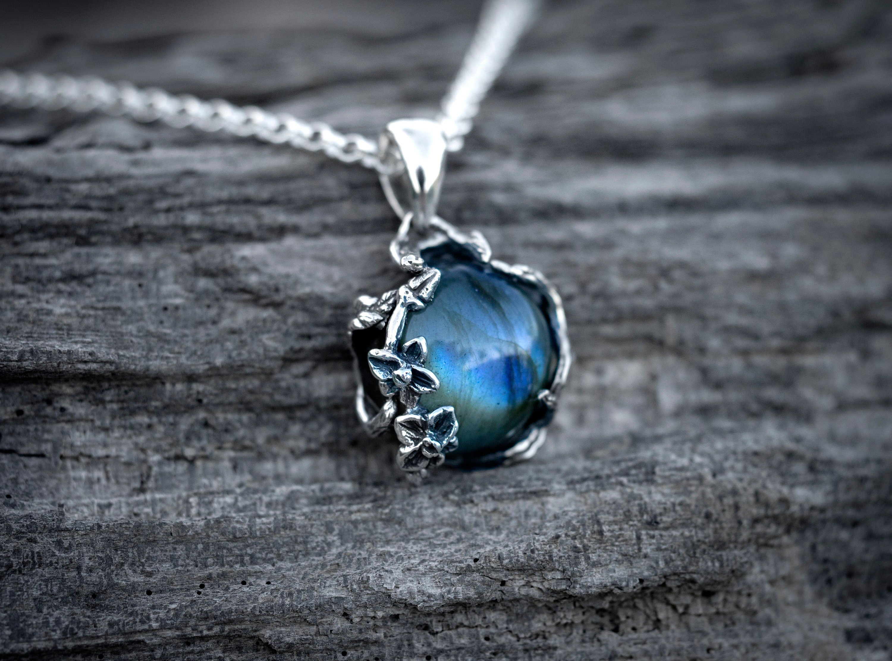 Labradorite Flower Necklace | Silver Flower Necklace | Branch Necklace Silver | Labradorite Jewelry | Silver Twig Necklace