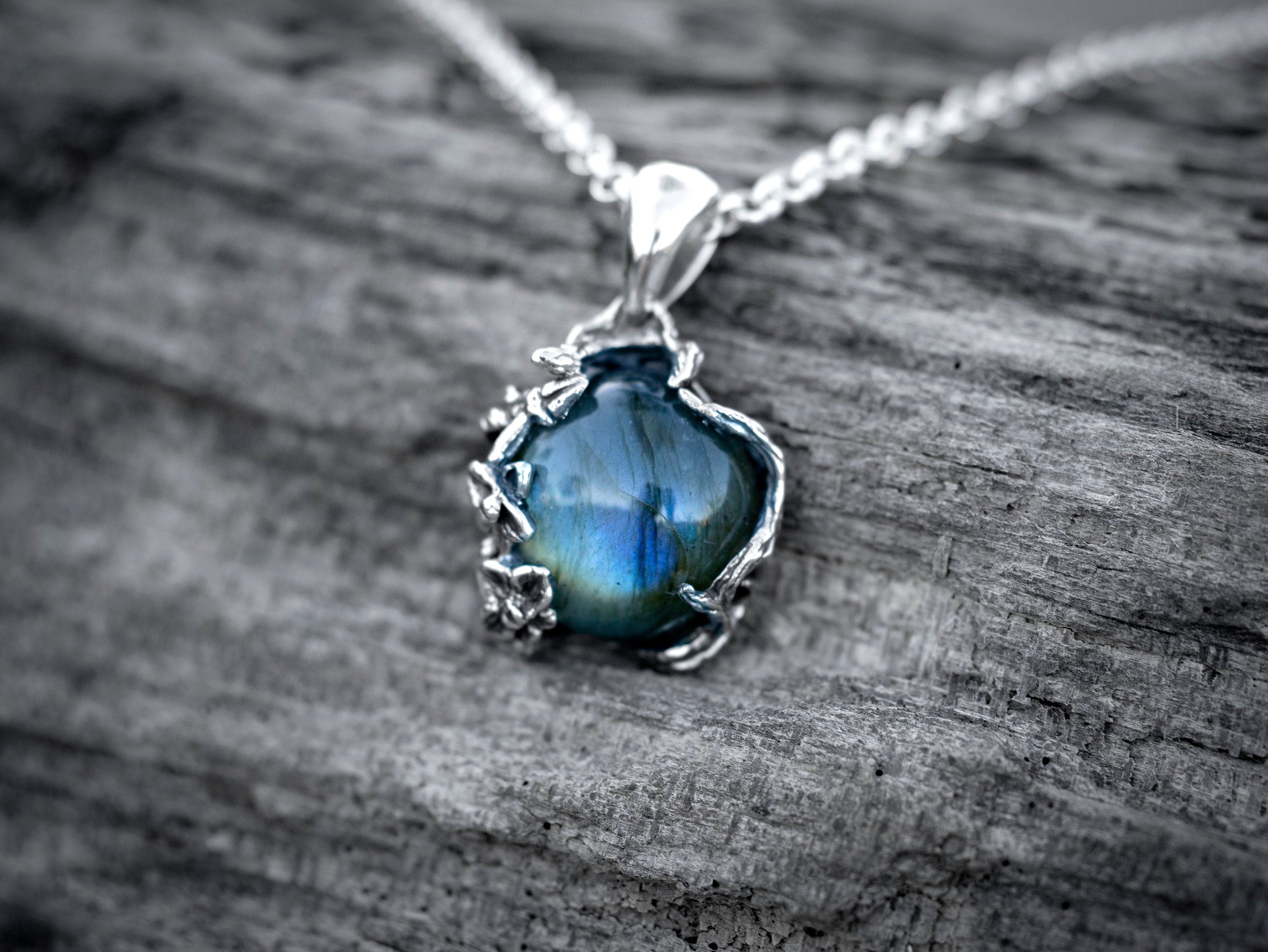 Labradorite Flower Necklace | Silver Flower Necklace | Branch Necklace Silver | Labradorite Jewelry | Silver Twig Necklace