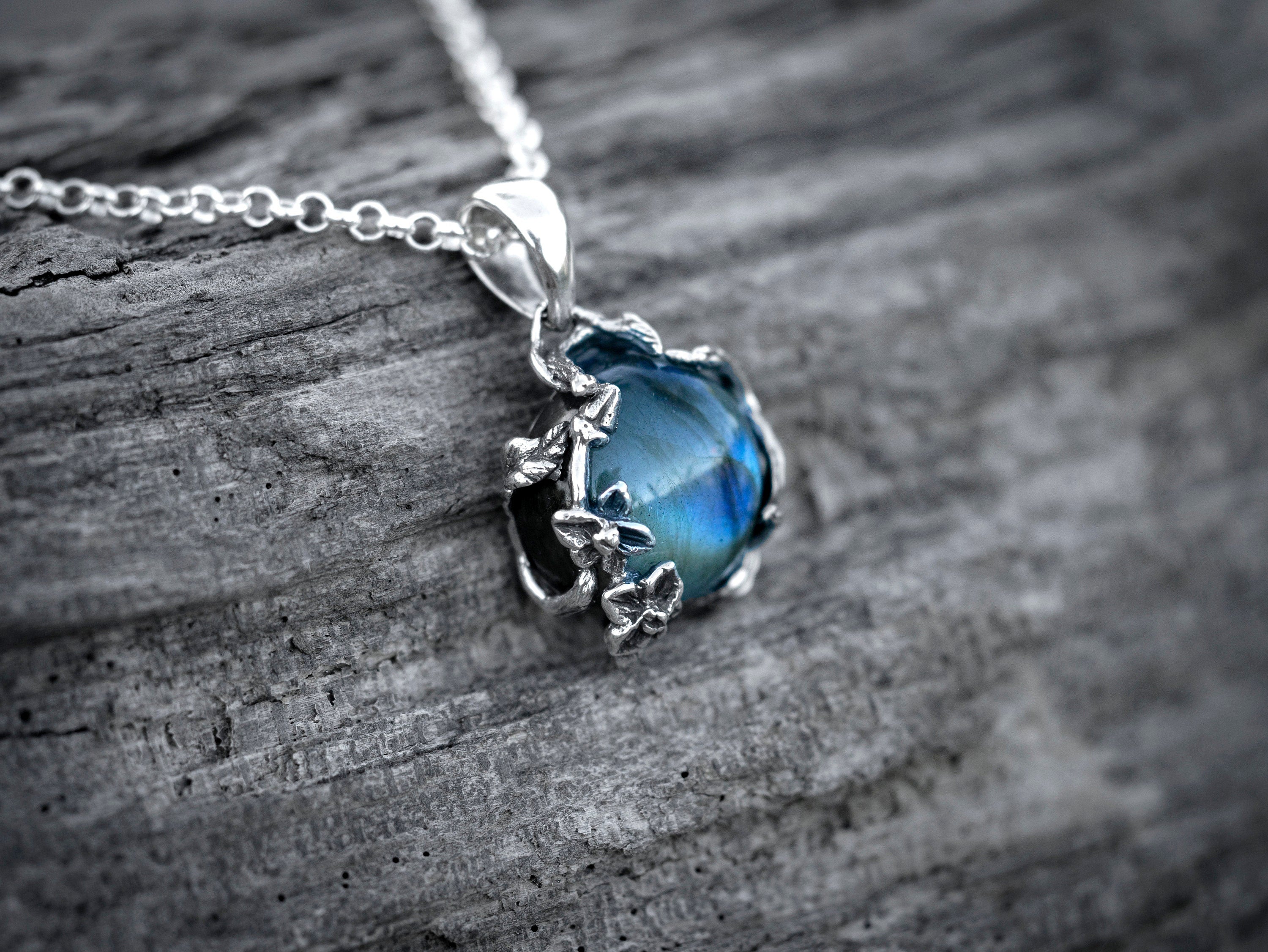 Labradorite Flower Necklace | Silver Flower Necklace | Branch Necklace Silver | Labradorite Jewelry | Silver Twig Necklace