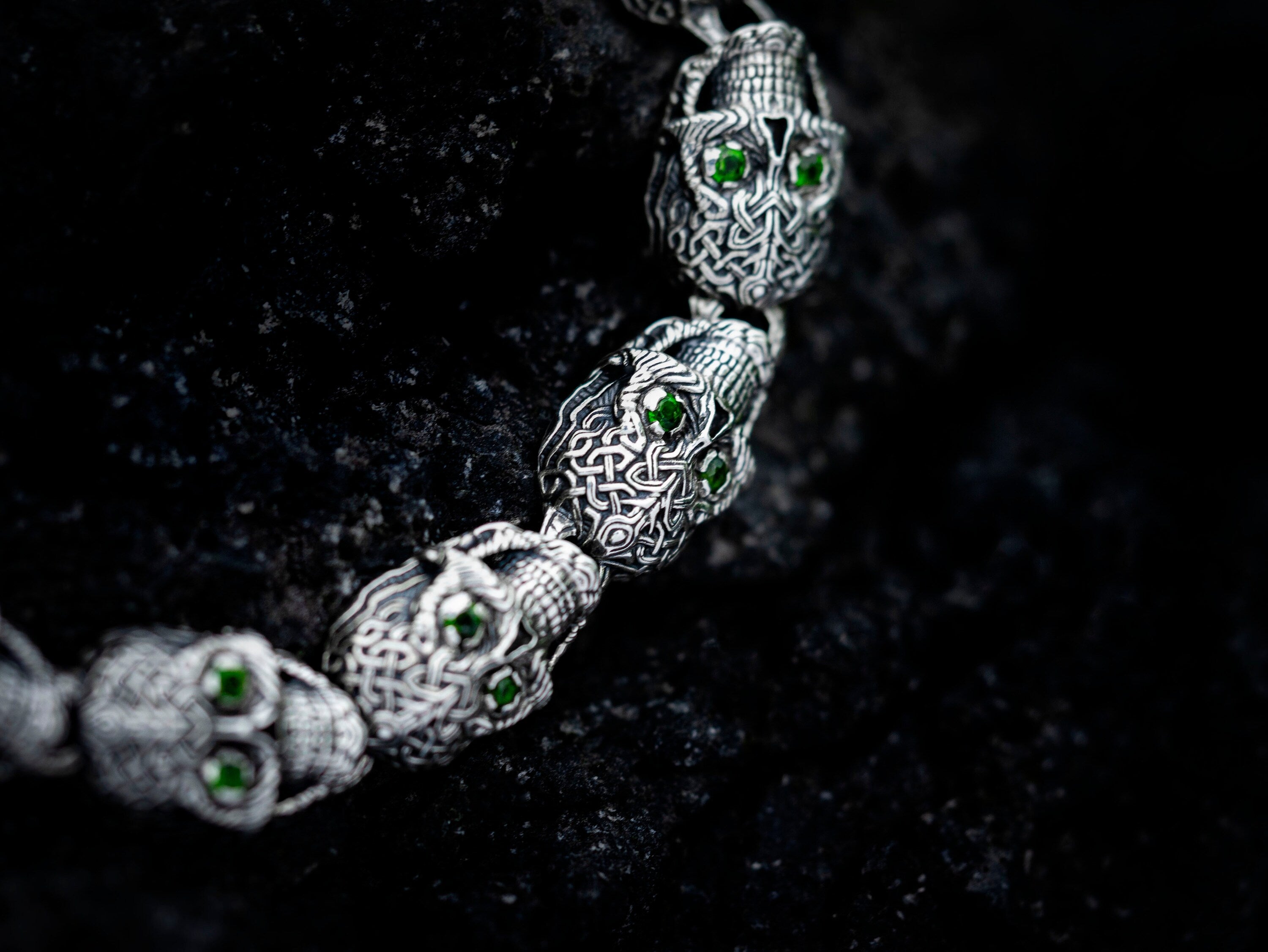 Silver Skull Bracelet with Gemstones