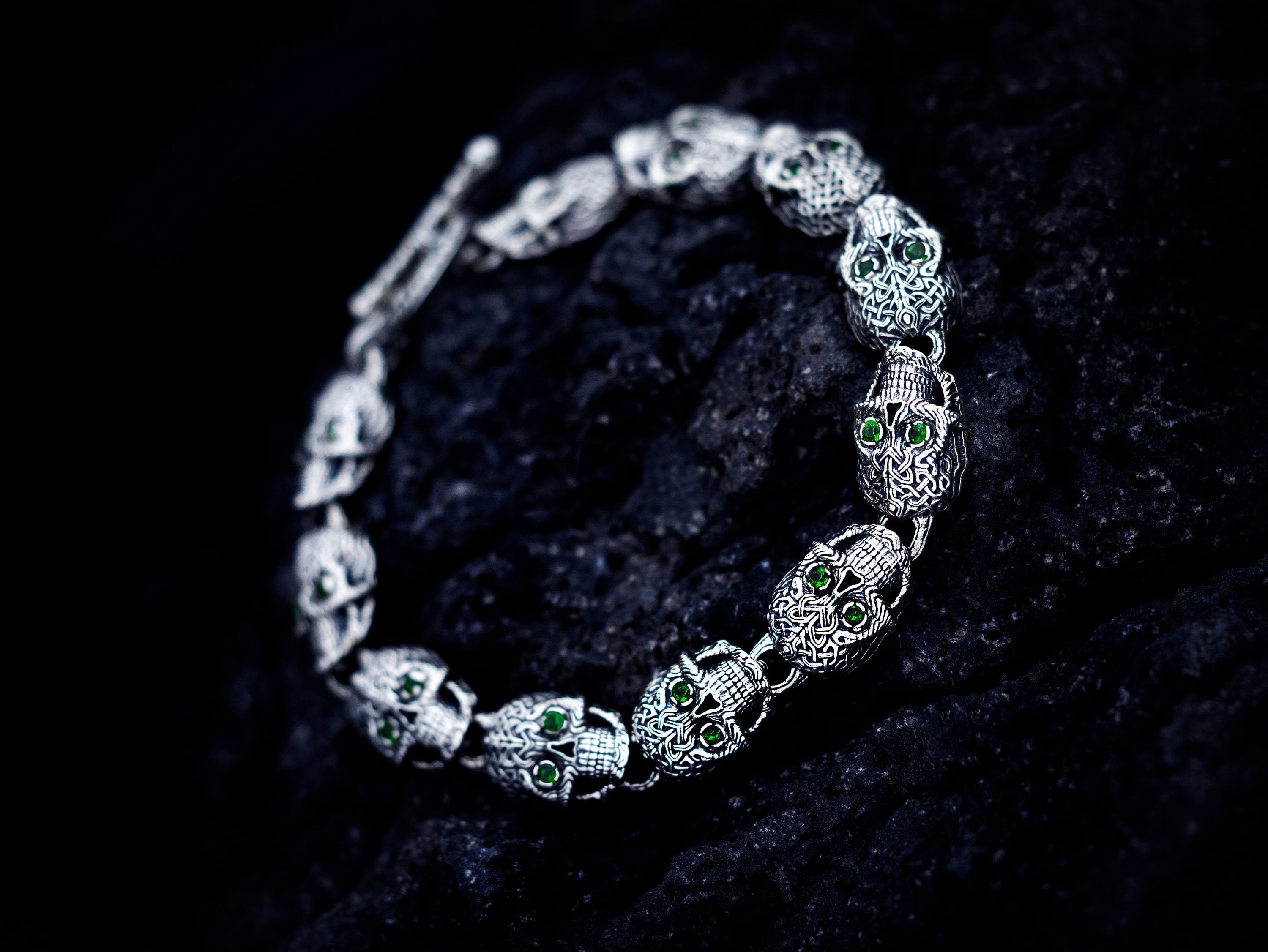 Silver Skull Bracelet with Gemstones