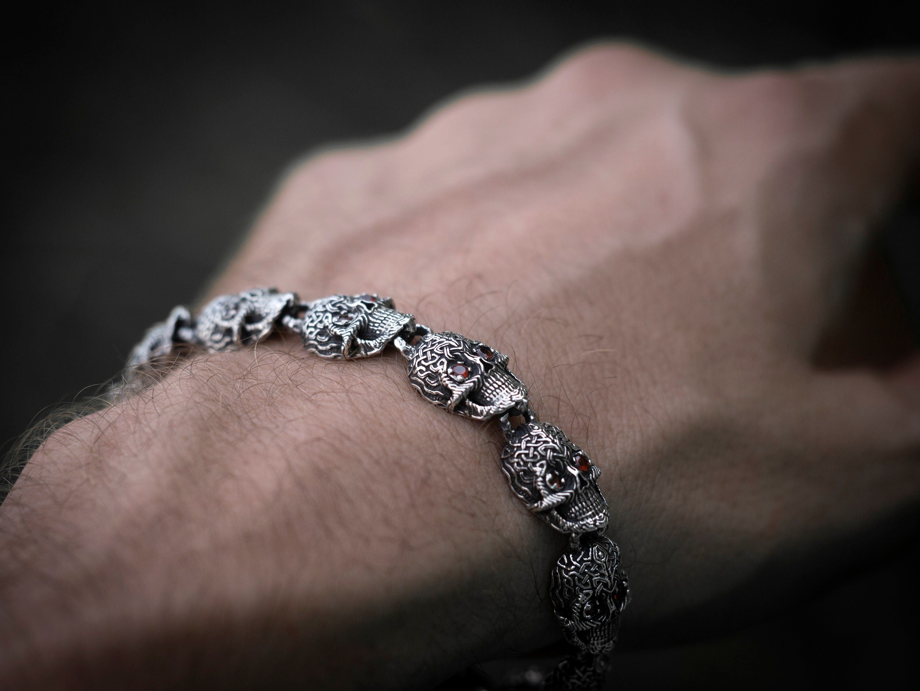 Silver Skull Bracelet with Gemstones