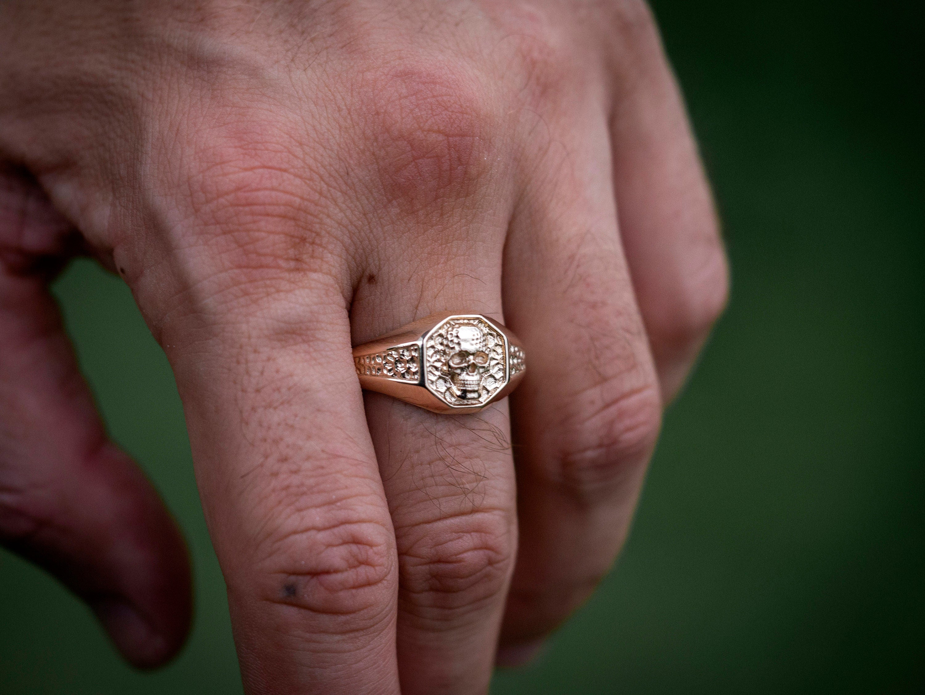 14K Gold Skull Signet Ring | Gold Skull Ring Men | Skull Ring Gold | Hexagon Signet Skull Ring | Mens Gold Ring