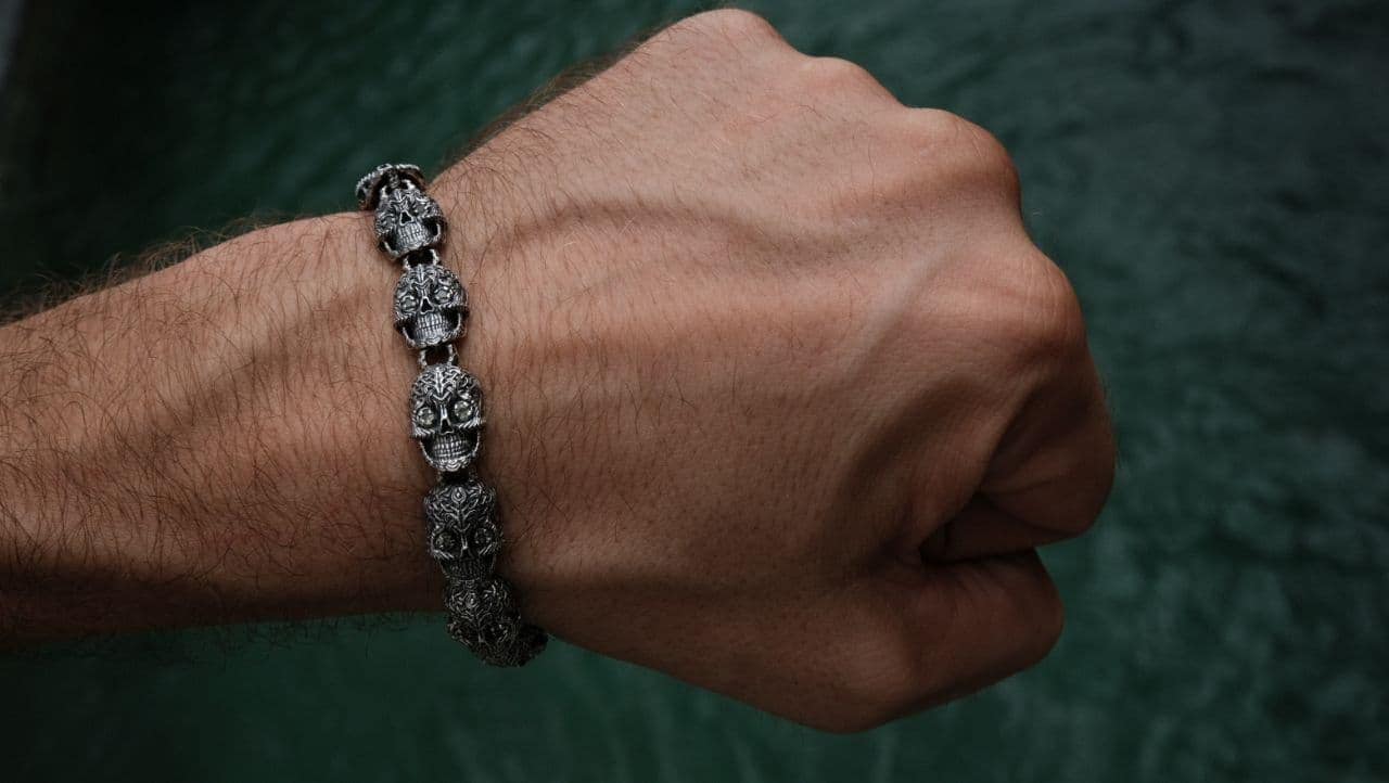 Silver Skull Bracelet with Gemstones