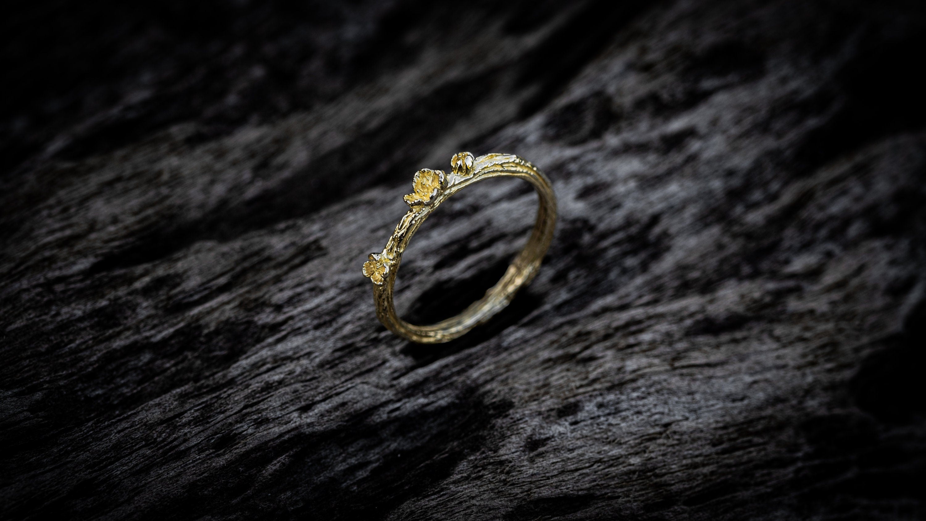 14K gold tree bark rings with rustic forest texture