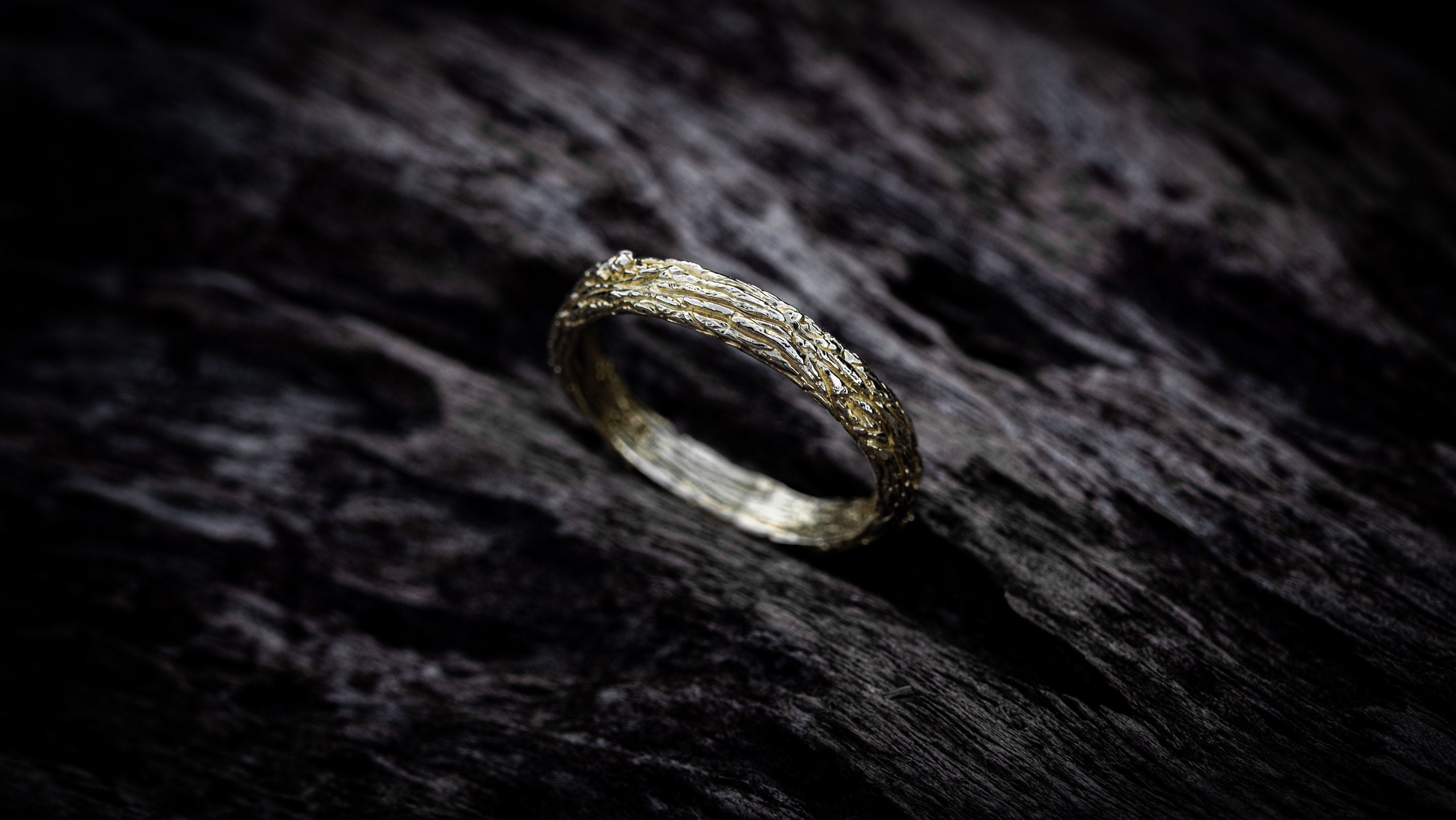14K gold tree bark ring set shown from alternate angle