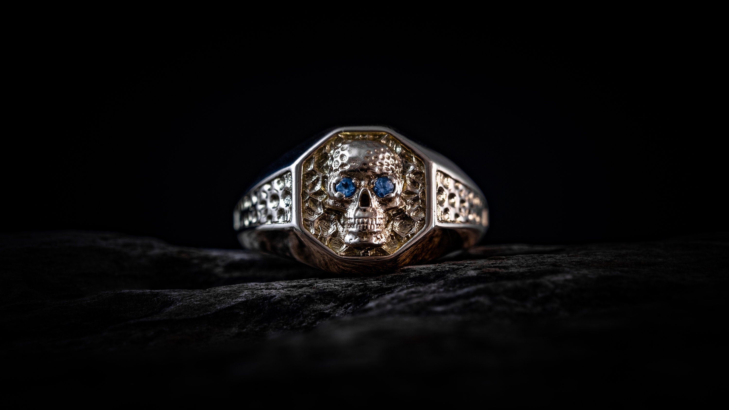 14K Gold Skull Signet Ring | Gold Skull Ring Men | Skull Ring Gold | Hexagon Signet Skull Ring | Mens Gold Ring