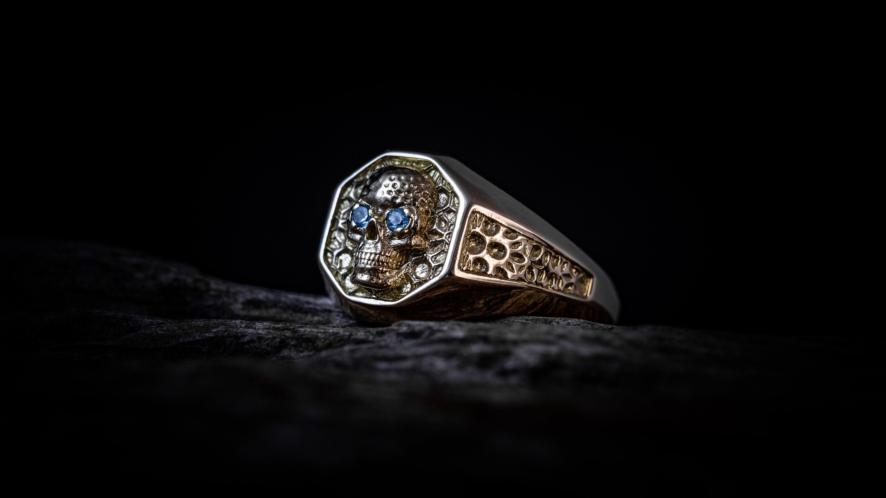 14K Gold Skull Signet Ring | Gold Skull Ring Men | Skull Ring Gold | Hexagon Signet Skull Ring | Mens Gold Ring