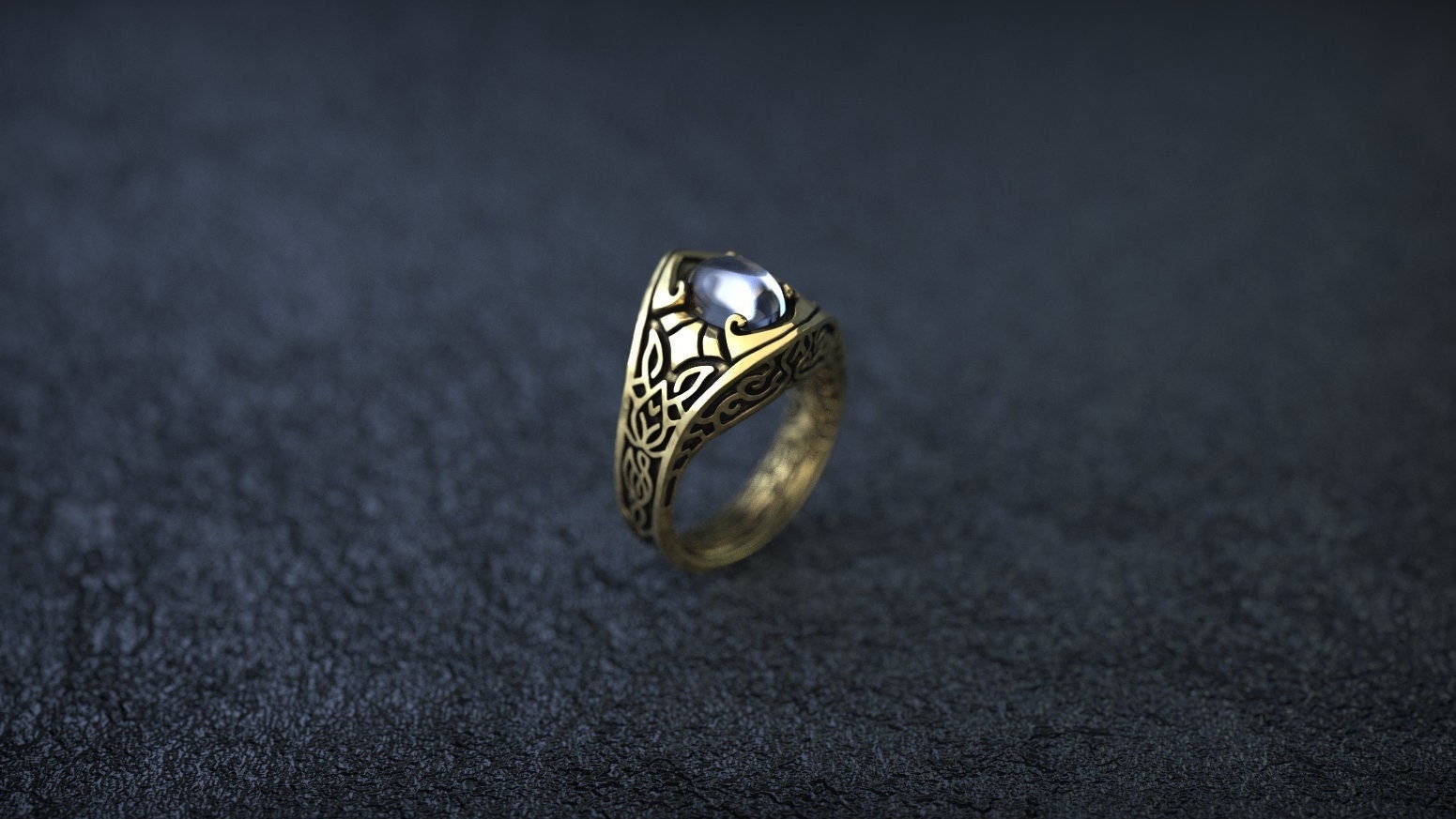 Gold Celtic wedding ring photographed from front angle
