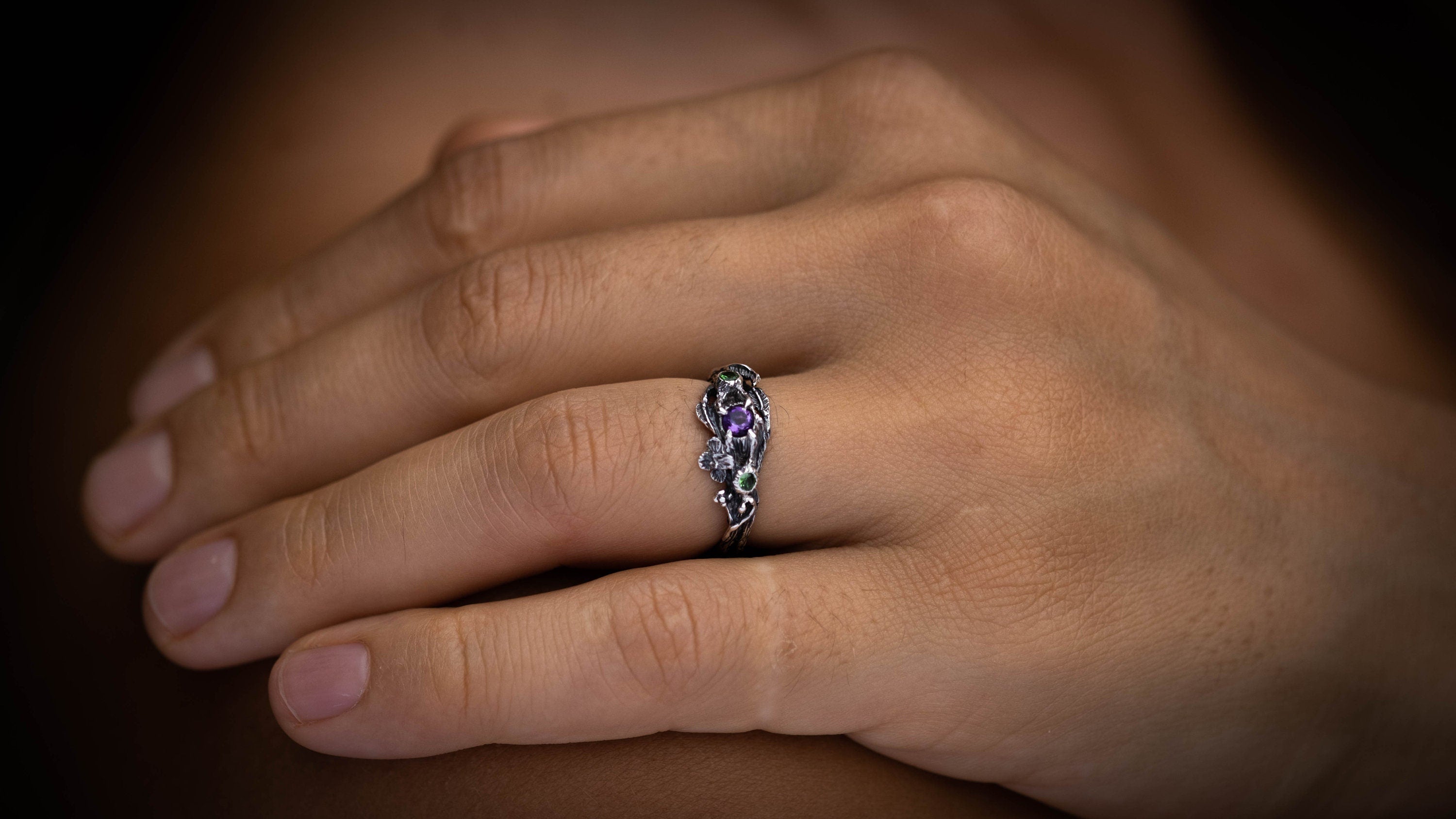Silver Twig Engagement Ring With Amethyst | Nature-Inspired Elven Ring | Sterling Silver Branch Ring | Tree Branch Ring | Boho Jewelry