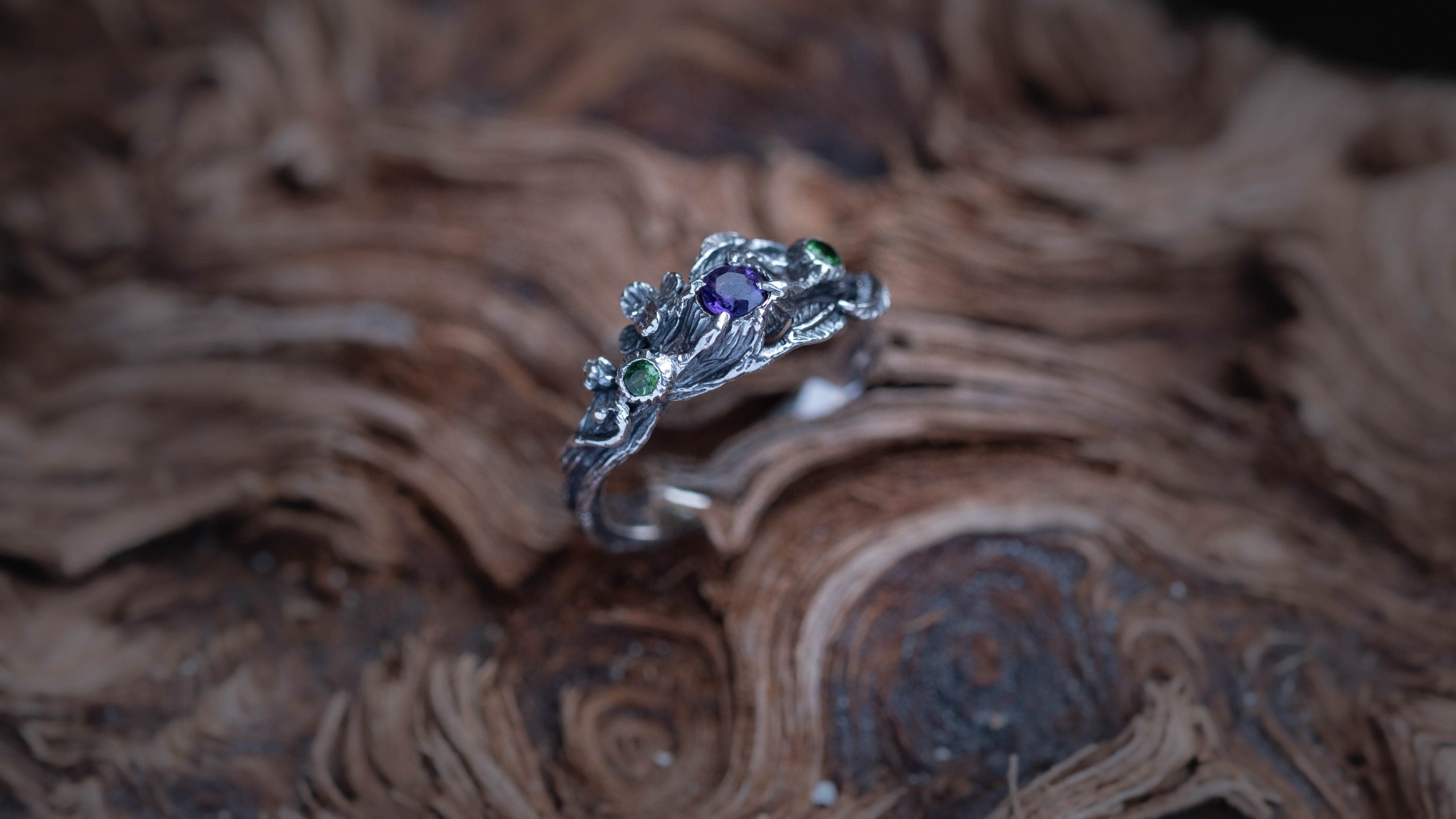 Silver Twig Engagement Ring With Amethyst | Nature-Inspired Elven Ring | Sterling Silver Branch Ring | Tree Branch Ring | Boho Jewelry