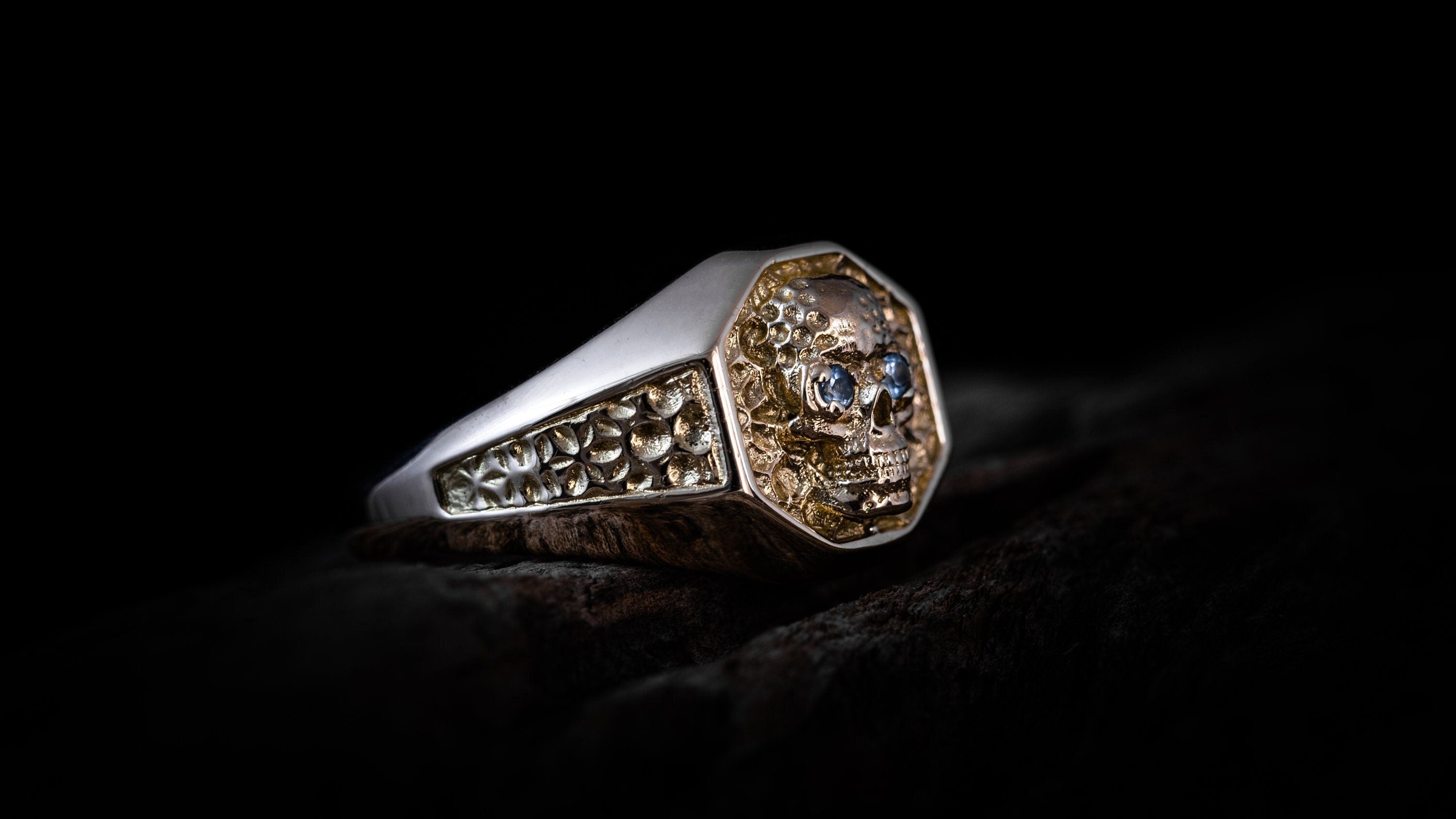 14K Gold Skull Signet Ring | Gold Skull Ring Men | Skull Ring Gold | Hexagon Signet Skull Ring | Mens Gold Ring