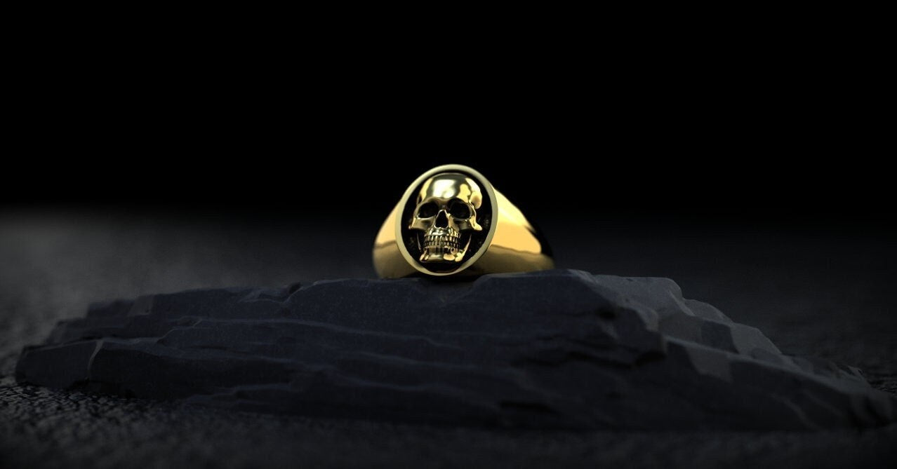 14K Gold Skull Ring | Gold Signet Ring | Mens Skull Ring | Skull Rings | Goth Ring | Biker Ring | Skull Ring Men, Gold Jewelry