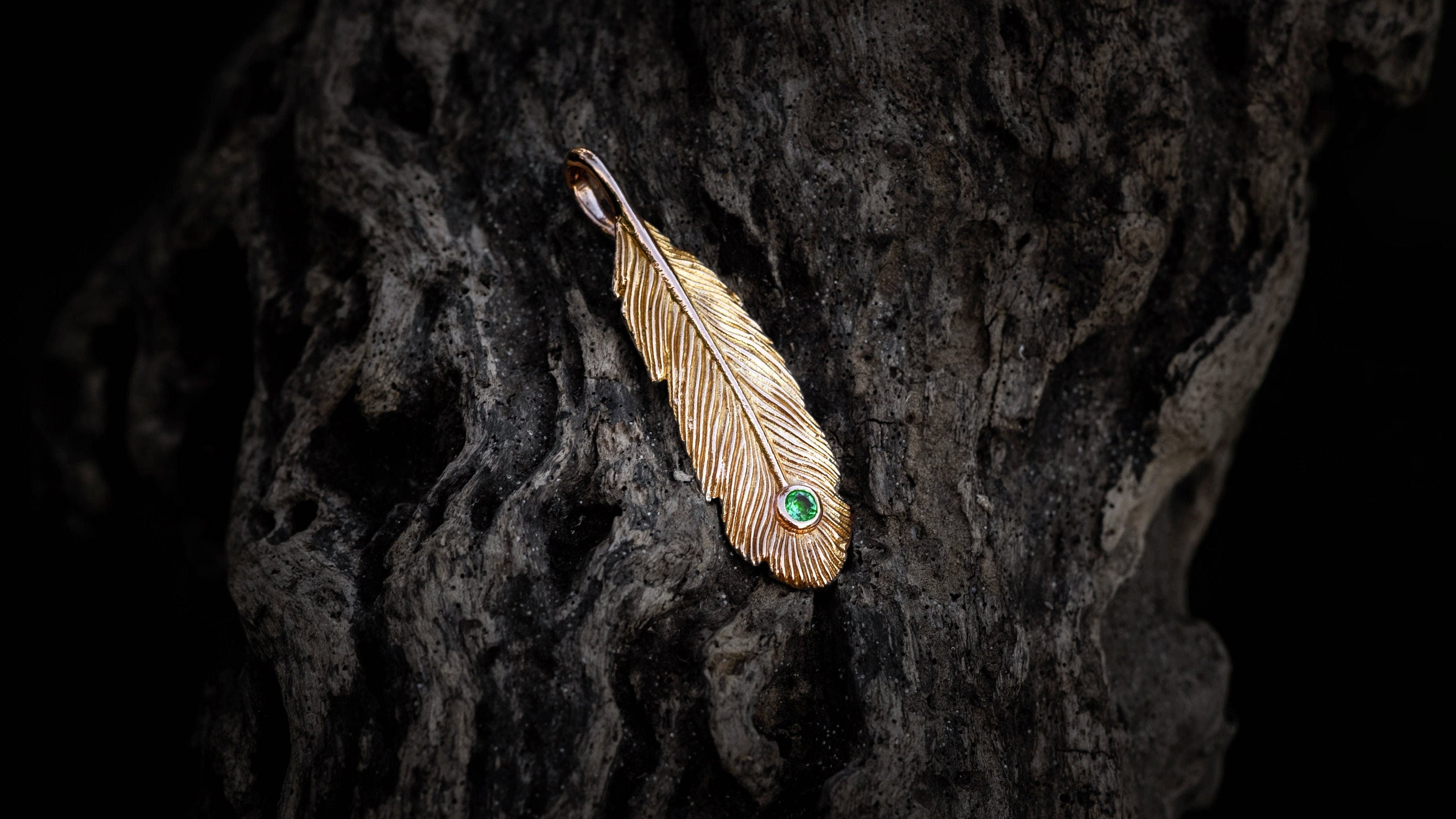 Gold Feather Necklace with Gemstone | Gold Feather Pendant | Gold Peacock Feather | Feather Jewelry