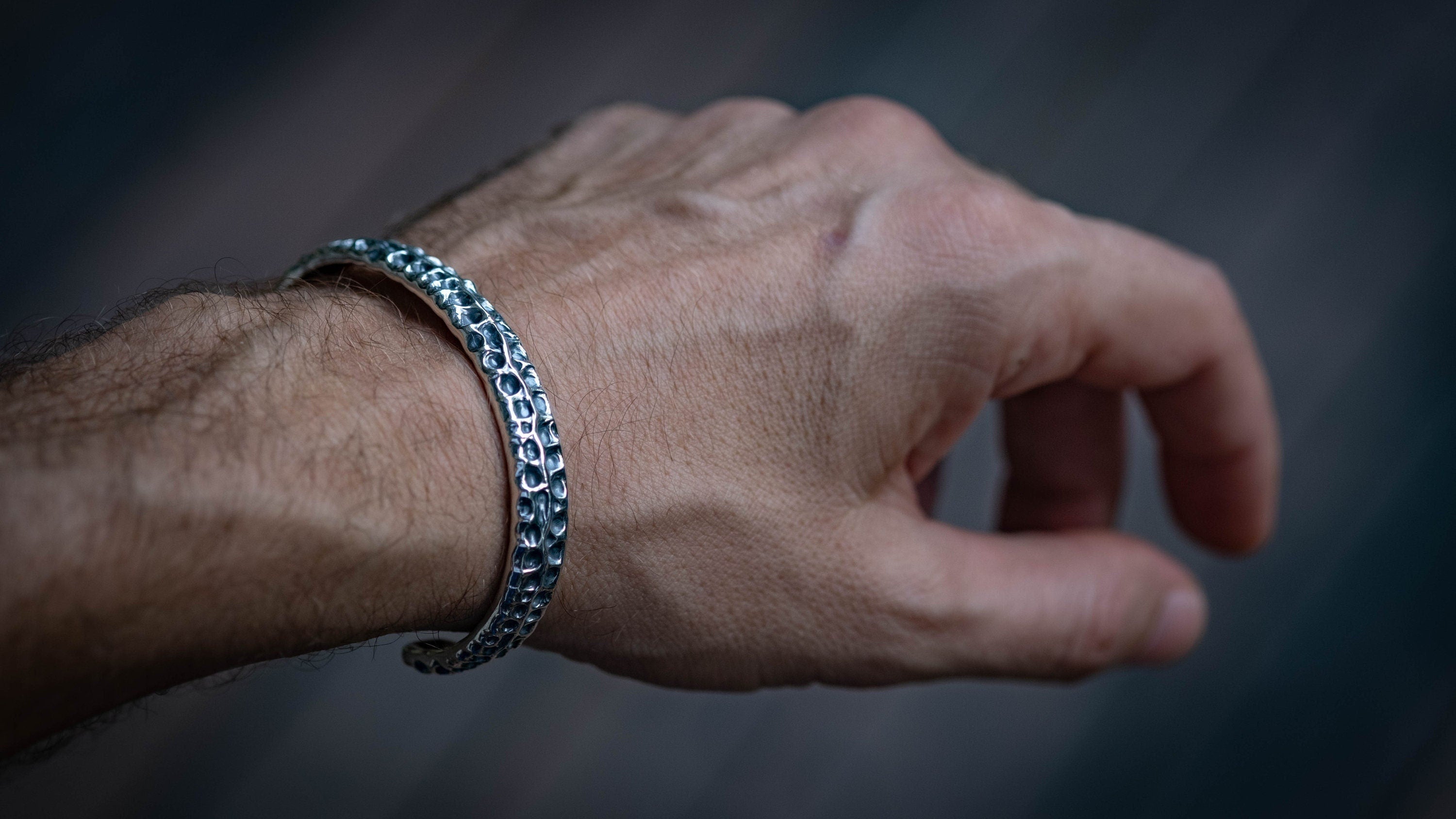 Sterling Silver Carved Cuff Bracelet | Textured Mens Bangle | Gift for Him