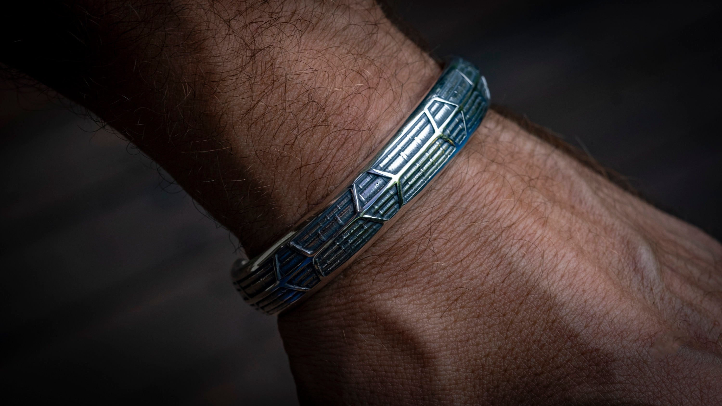 Solid Silver Geometric Bangle | Heavy Mens Cuff Bracelet | Gift for Him