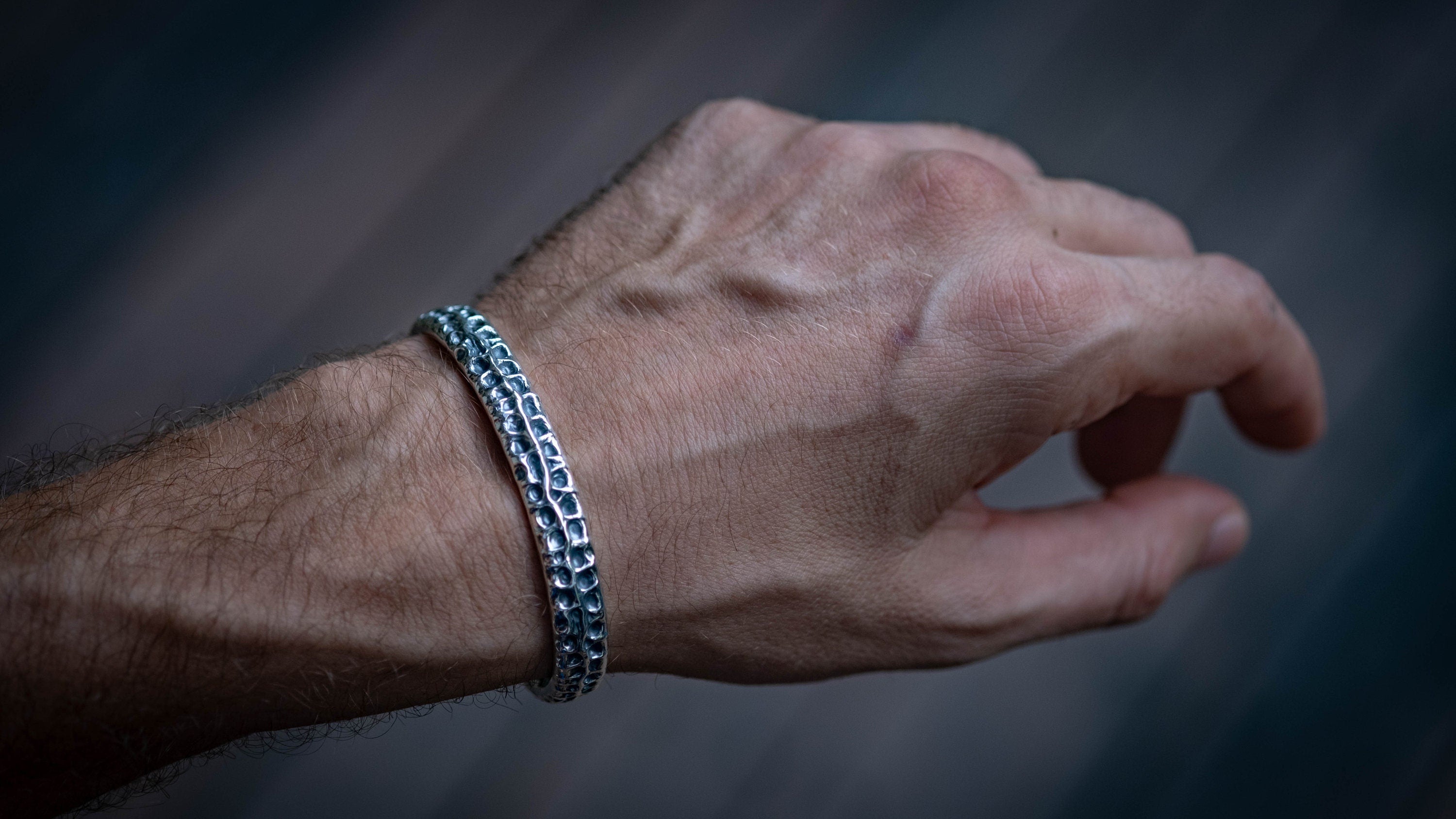 Sterling Silver Carved Cuff Bracelet | Textured Mens Bangle | Gift for Him