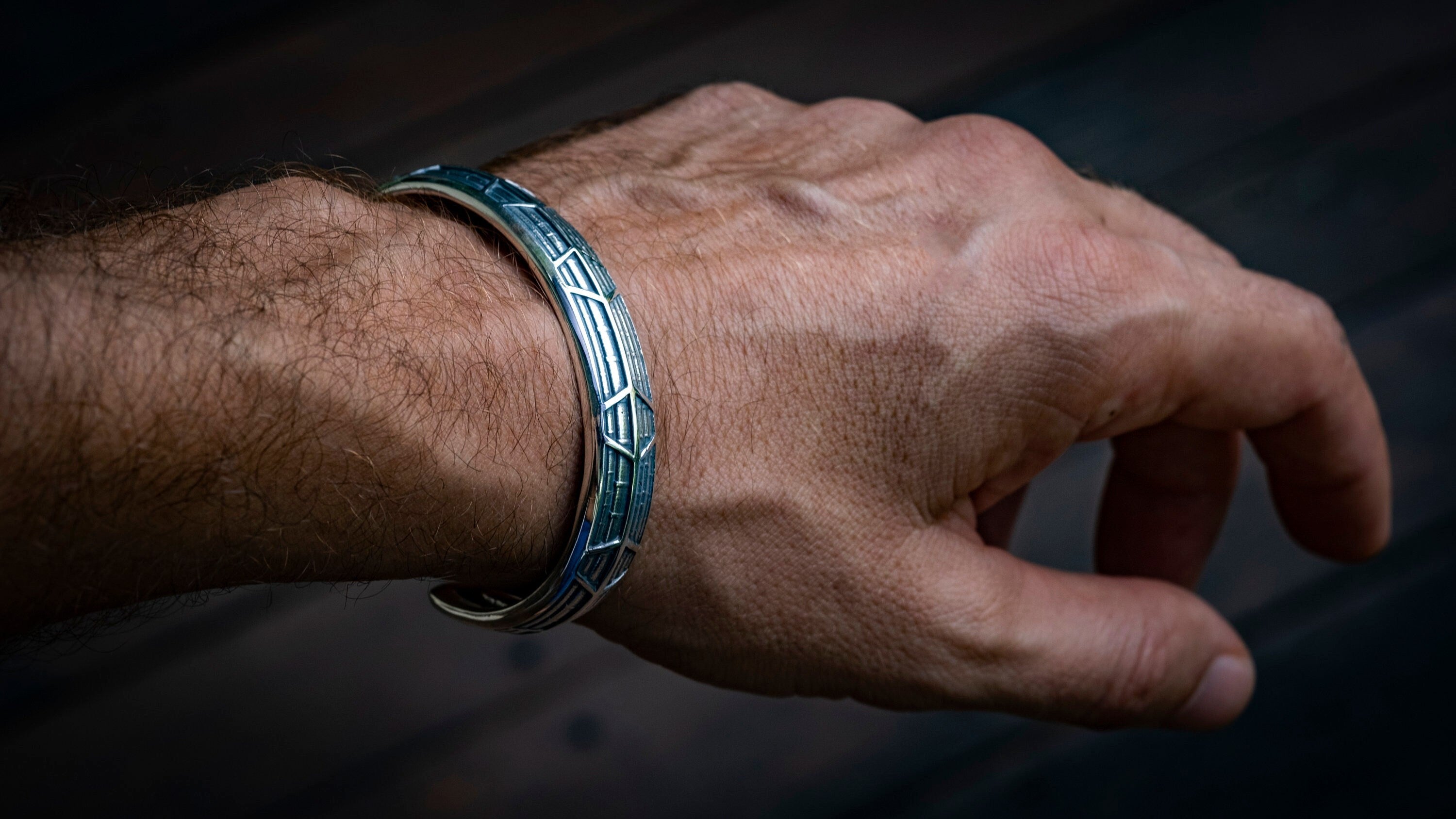 Solid Silver Geometric Bangle | Heavy Mens Cuff Bracelet | Gift for Him
