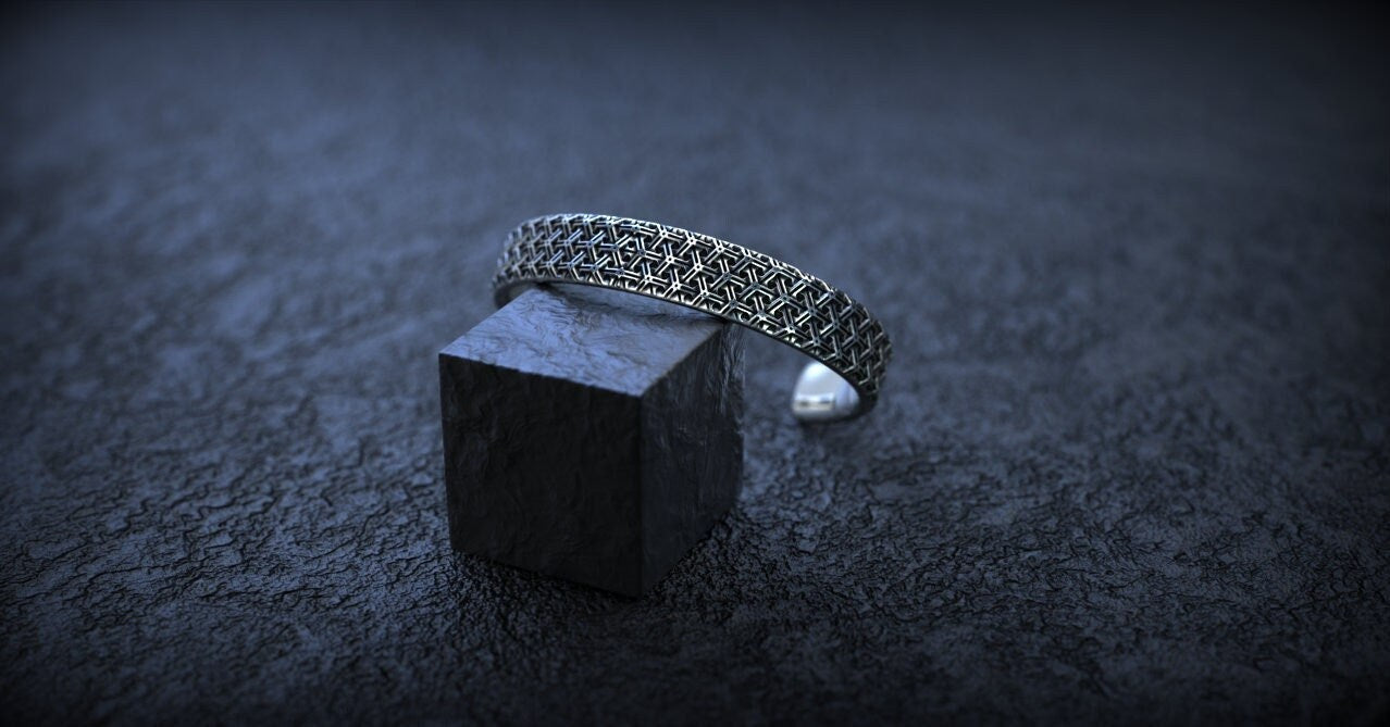 Sterling Silver Carved Cuff Bracelet | Textured Mens Bangle | Gift for Him