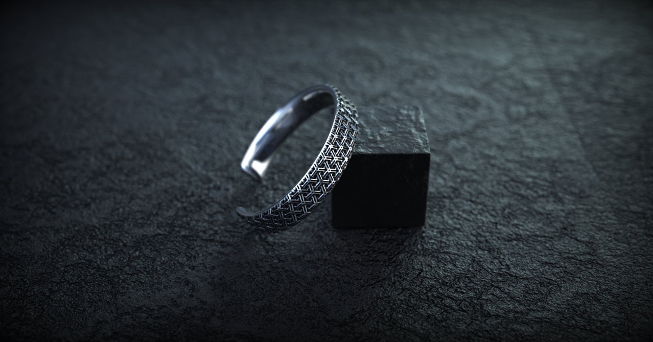 Sterling Silver Carved Cuff Bracelet | Textured Mens Bangle | Gift for Him