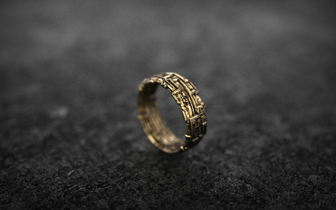 Solid Gold Geometric Ring: Cyberpunk Textured Band