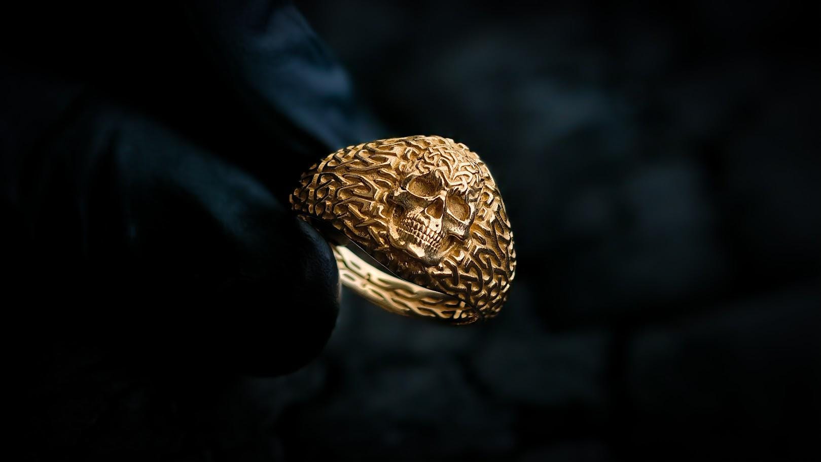 14K Gold Celtic Knot Skull Ring - Norse Pagan Jewelry