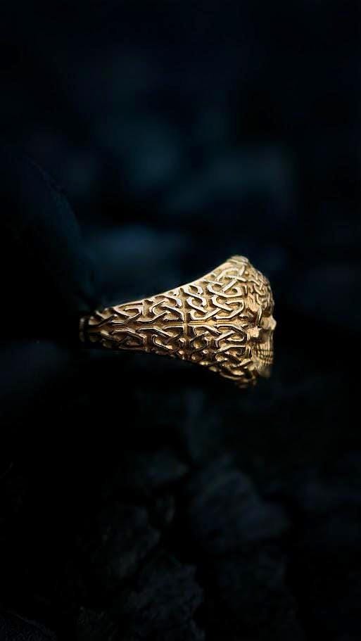 14K Gold Celtic Knot Skull Ring - Norse Pagan Jewelry