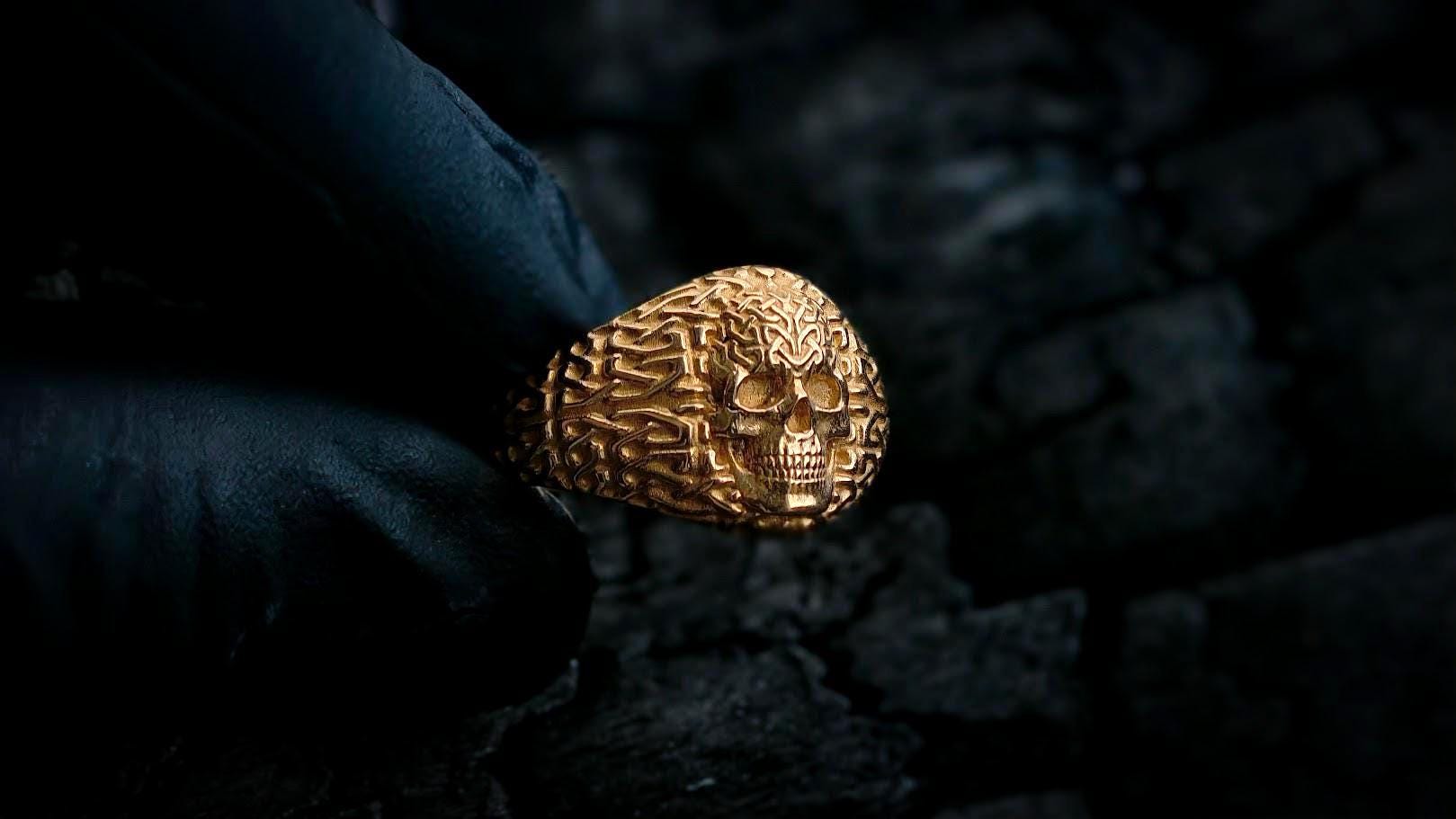 14K Gold Celtic Knot Skull Ring - Norse Pagan Jewelry