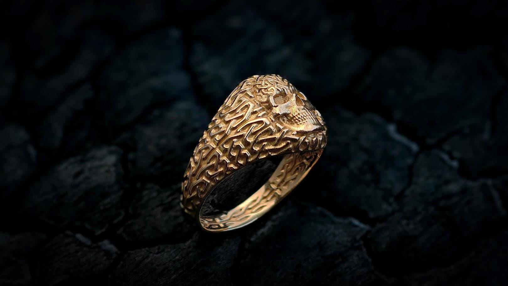 14K Gold Celtic Knot Skull Ring - Norse Pagan Jewelry