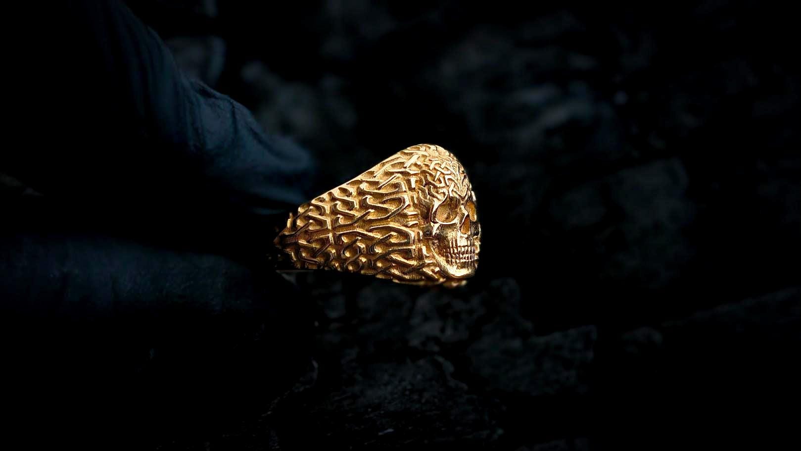 14K Gold Celtic Knot Skull Ring - Norse Pagan Jewelry