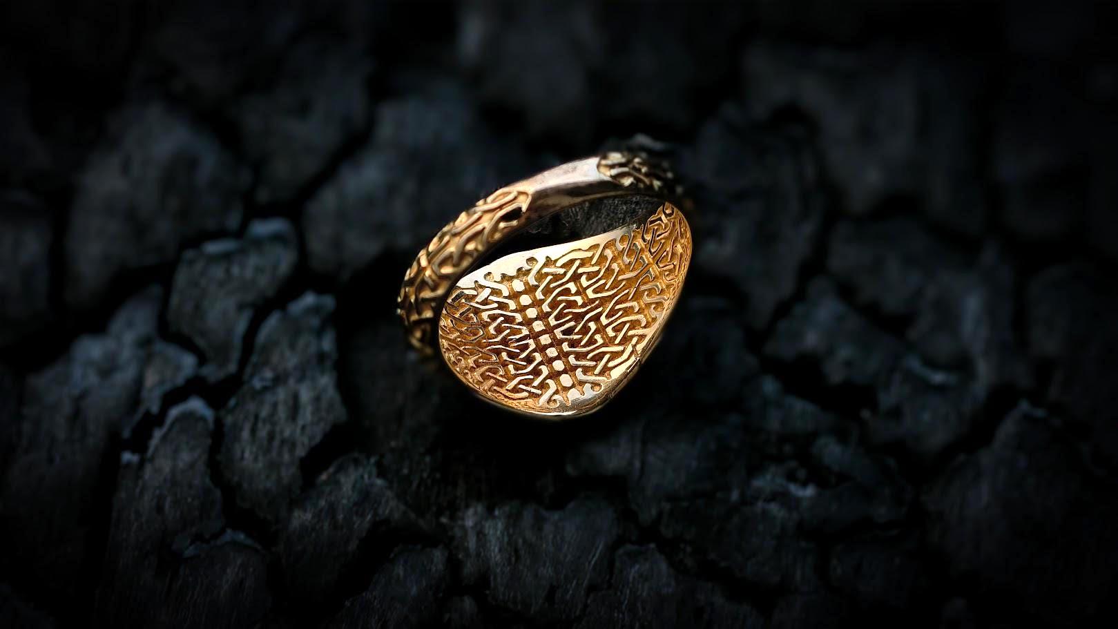 14K Gold Celtic Knot Skull Ring - Norse Pagan Jewelry