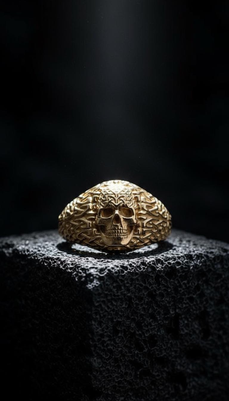 14K Gold Celtic Knot Skull Ring - Norse Pagan Jewelry